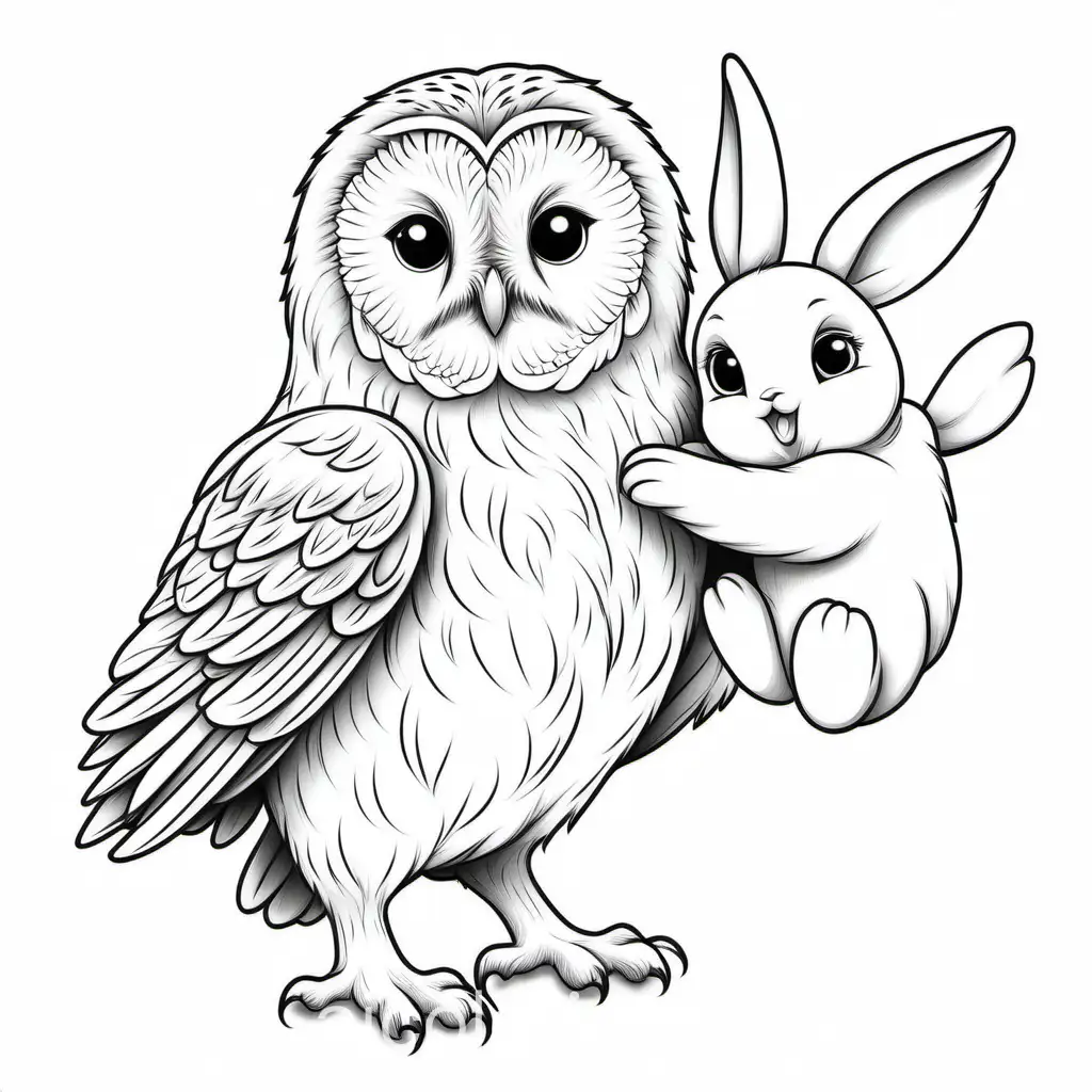 Ural owl carrying a toy bunny, Coloring Page, black and white, line art, white background, Simplicity, Ample White Space. The background of the coloring page is plain white to make it easy for young children to color within the lines. The outlines of all the subjects are easy to distinguish, making it simple for kids to color without too much difficulty