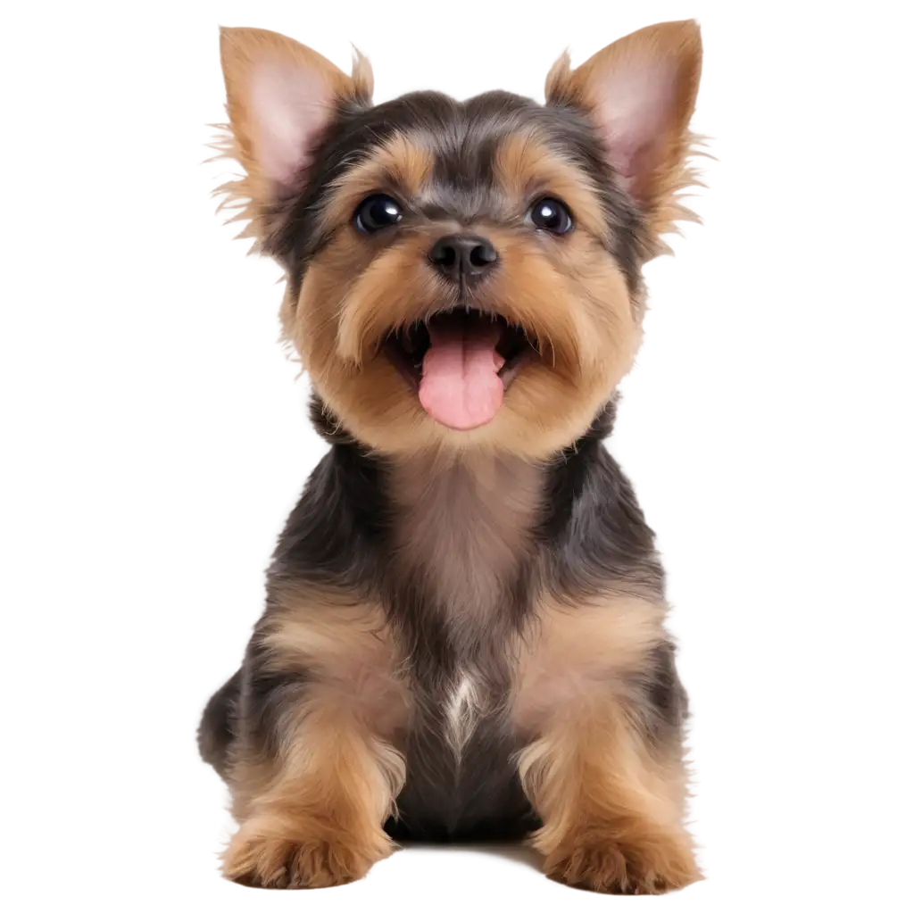 a cute, curious and happy yorkshire terrier looking upward with its face upwards at 30 degree angle sitting to the front with symmetrical face, with its mouth naturally opened 