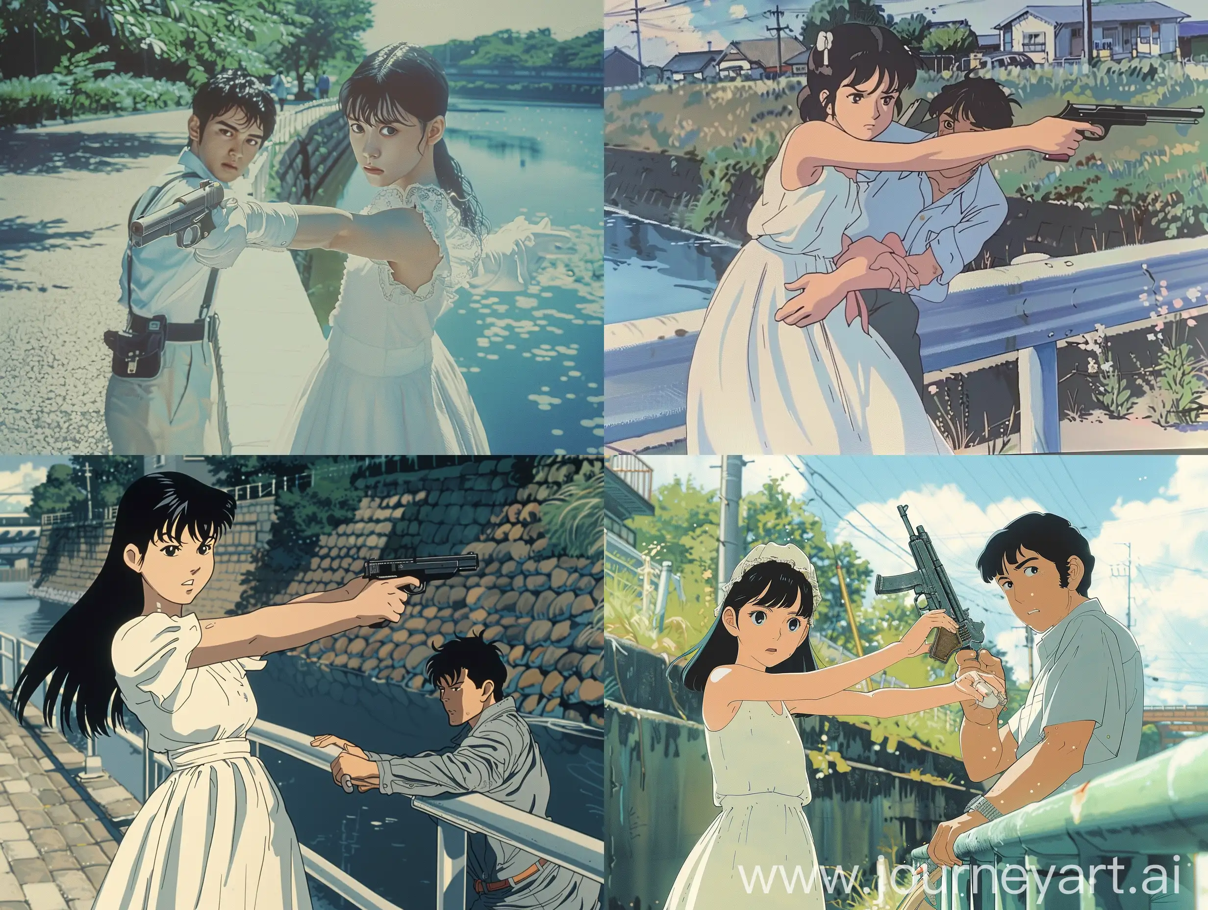 a female character in a 90's anime style. Makoto Shinkai style, Action movie stills, a young girl in a white dress subdues the male agent with a pistol, full body image, will leave you in awe of its intricate details and stylistic rendering, manga illustrations from the 1980s, simple style, emphasizing the romance of first love, On a Japanese embankment in the 1980s, 