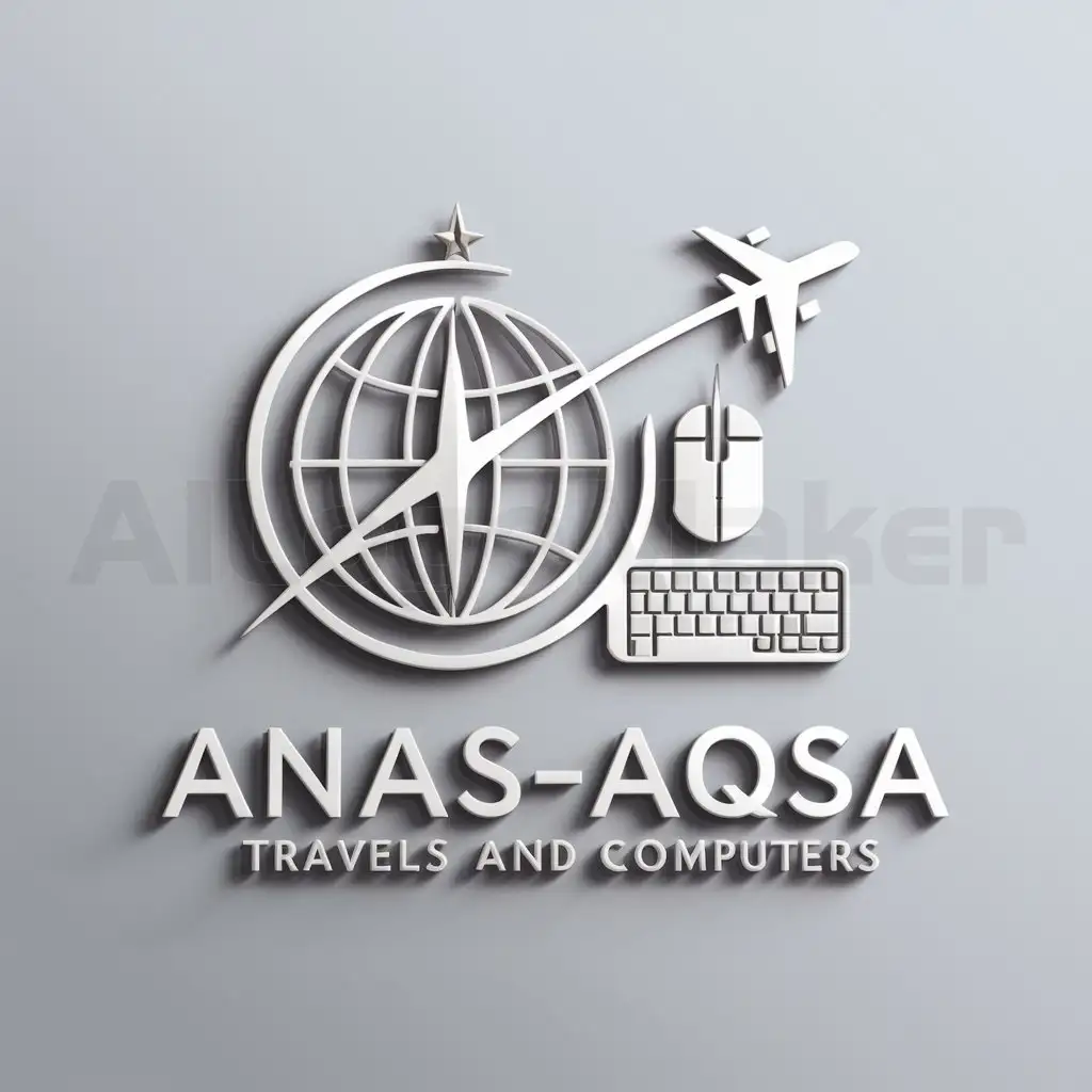 a logo design,with the text "Anas-Aqsa Travels and Computers", main symbol:Create a simple logo that incorporates both 'travel' and 'computer.' For example, you can include a stylized globe or compass as a symbol of travel and travel's airplane; computer-related icons such as a mouse, keyboard, or a creative combination of these elements are unique and easy to remember and reflect the essence of your business.,Moderate,be used in Travel industry,clear background