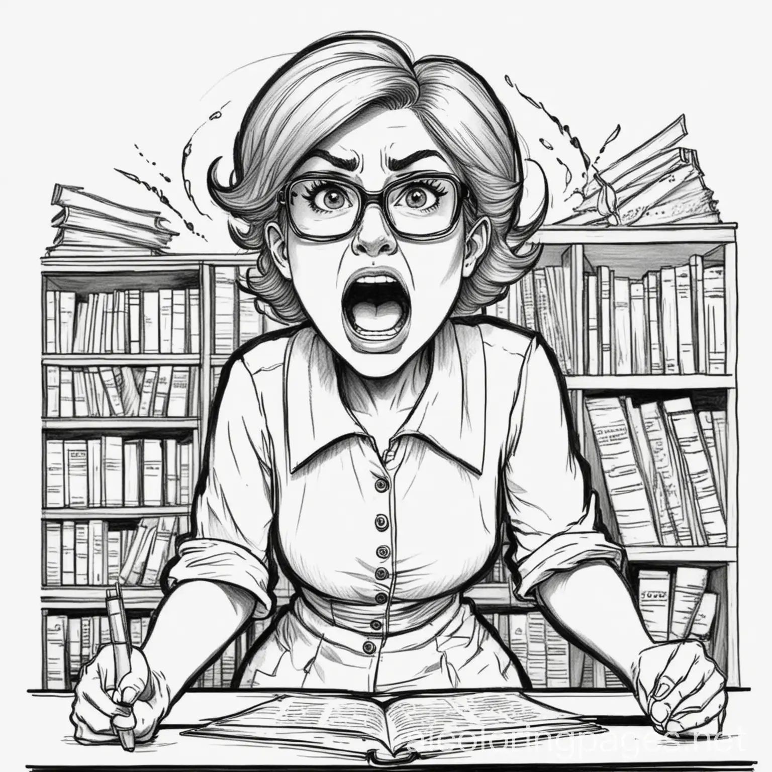 an angry librarian screaming, Coloring Page, black and white, line art, white background, Simplicity, Ample White Space. The background of the coloring page is plain white to make it easy for young children to color within the lines. The outlines of all the subjects are easy to distinguish, making it simple for kids to color without too much difficulty