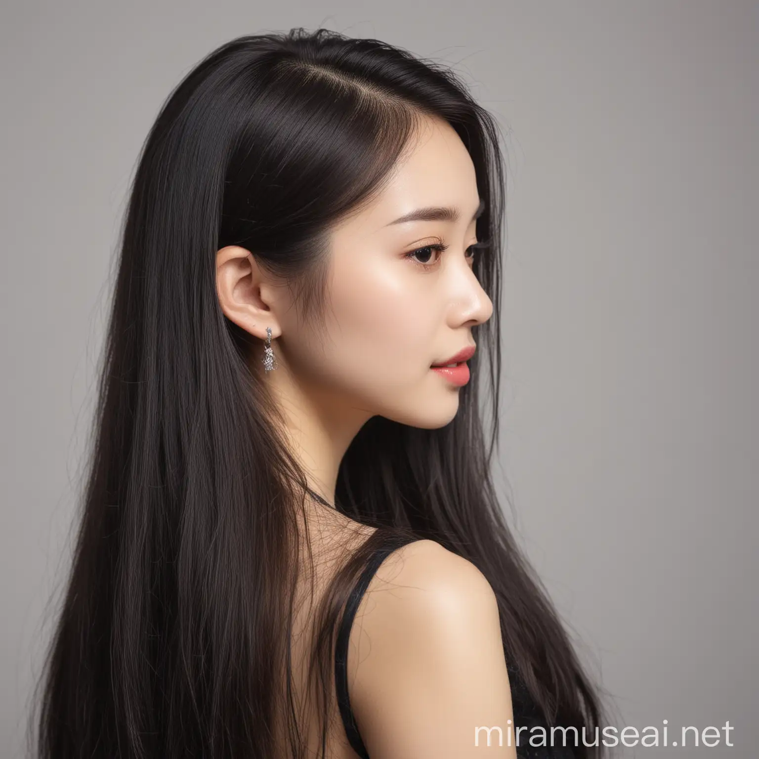 Beautiful Chinese Woman with Long Hair in Profile Portrait