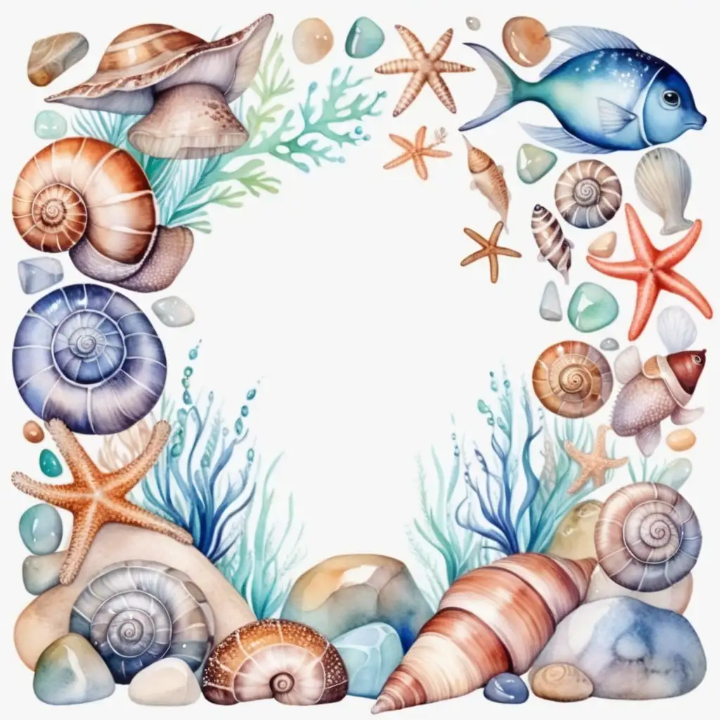 En ram av snäckor, sjöstjärna, fiskar, stenar,vitt i mitten I vattenfärg 
