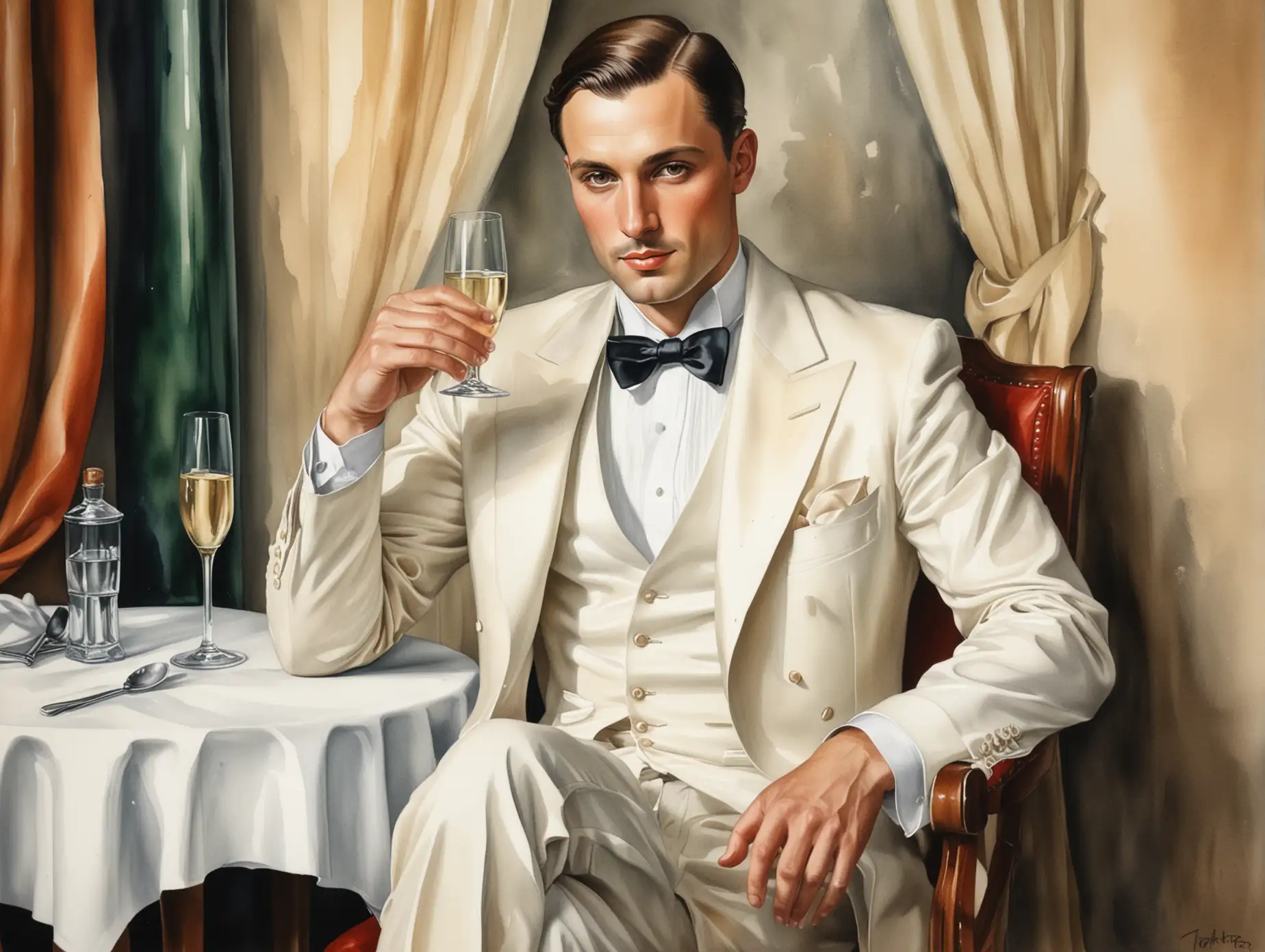 1920s Art Deco Man in White Dinner Jacket Enjoying Champagne