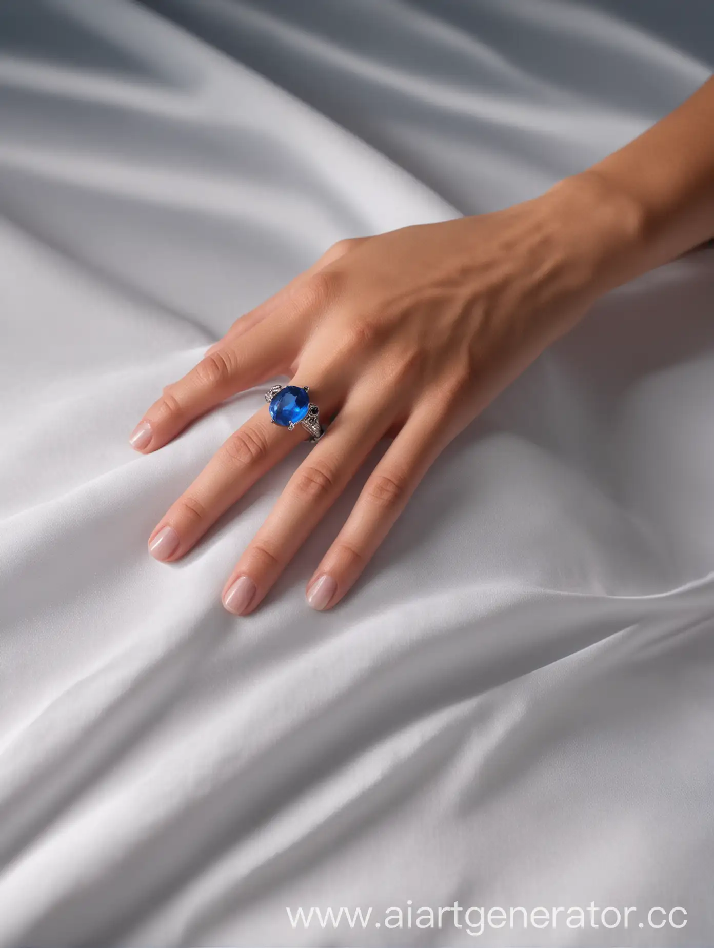 Приведение под белой простыней показывается из тени держа перед собой на ладошке перстень с голубым камнем