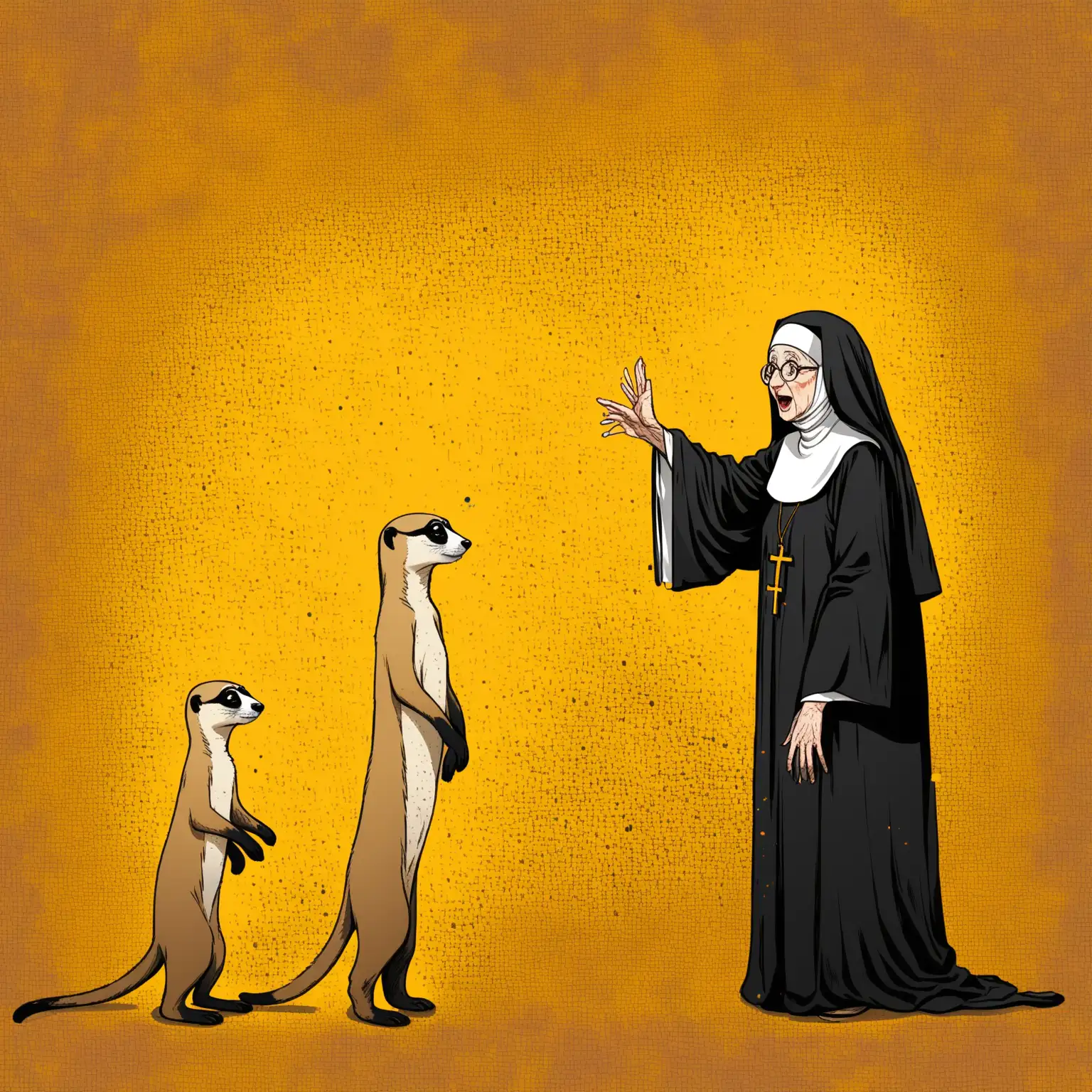 crazy old Nun with one large meercat playing tricks STYLE OF KUSTAZ KLIMT AND JACKSON POLLOCK no cross