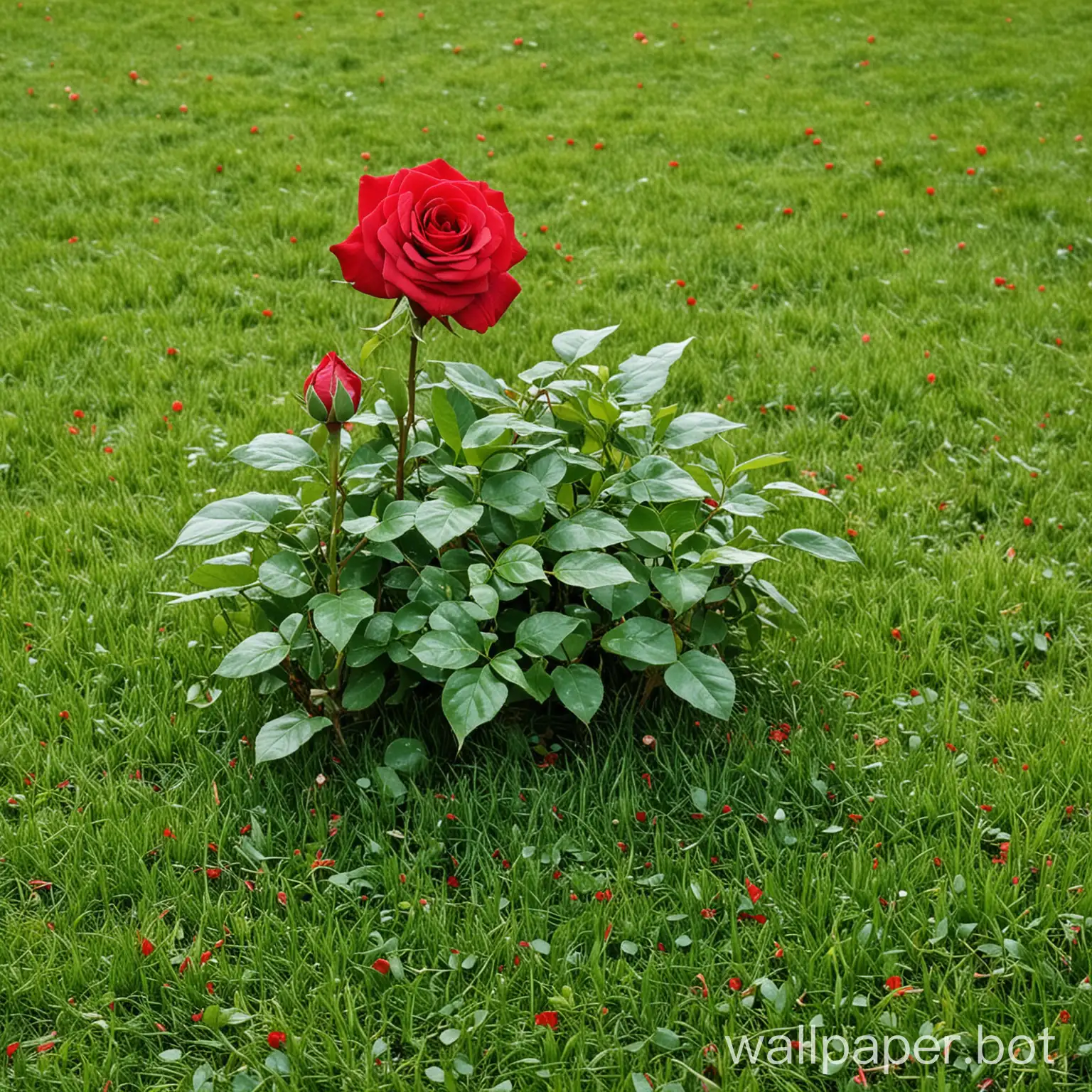 green grass and red rose plant in it