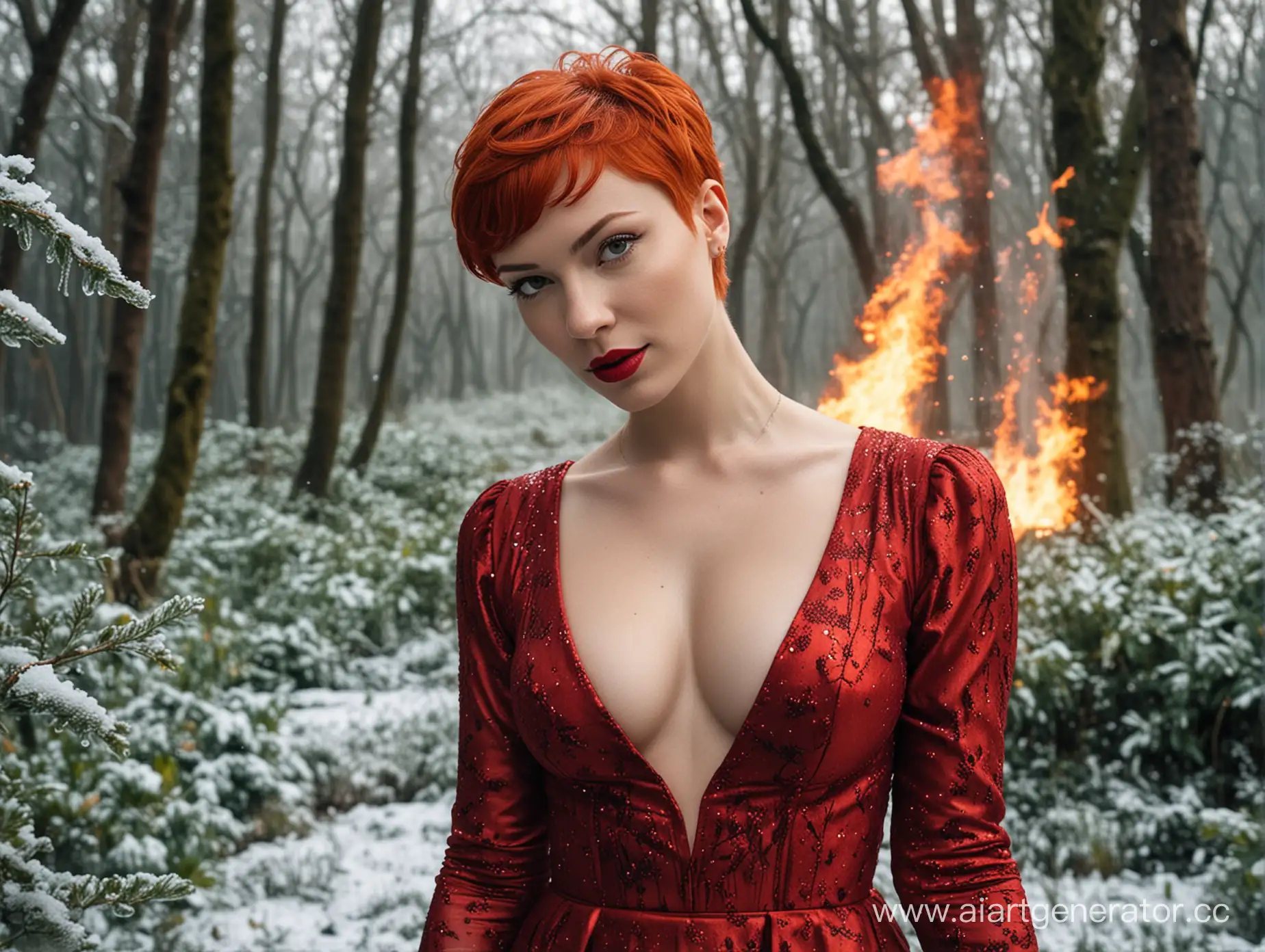 девушка с яркими красными волосами и  стрижкой "пикси", красными губами  внешностью как у Марипосы , в красном платье ,своременном но тюдоров , на фоне льда и пламени и зелени деревьев