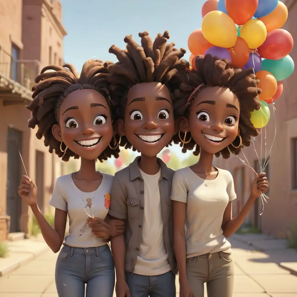 defined 3D cartoon-style African Americans with balloons in New Mexico smiling
