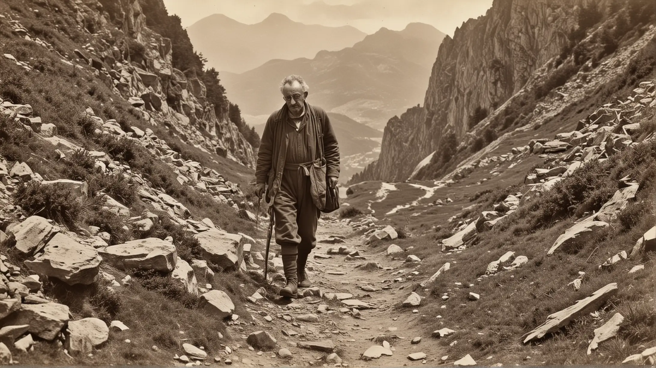 Walter Benjamin idzie leśną drogą w górach Pirenejach, wygląd starej zniszczonej fotografii