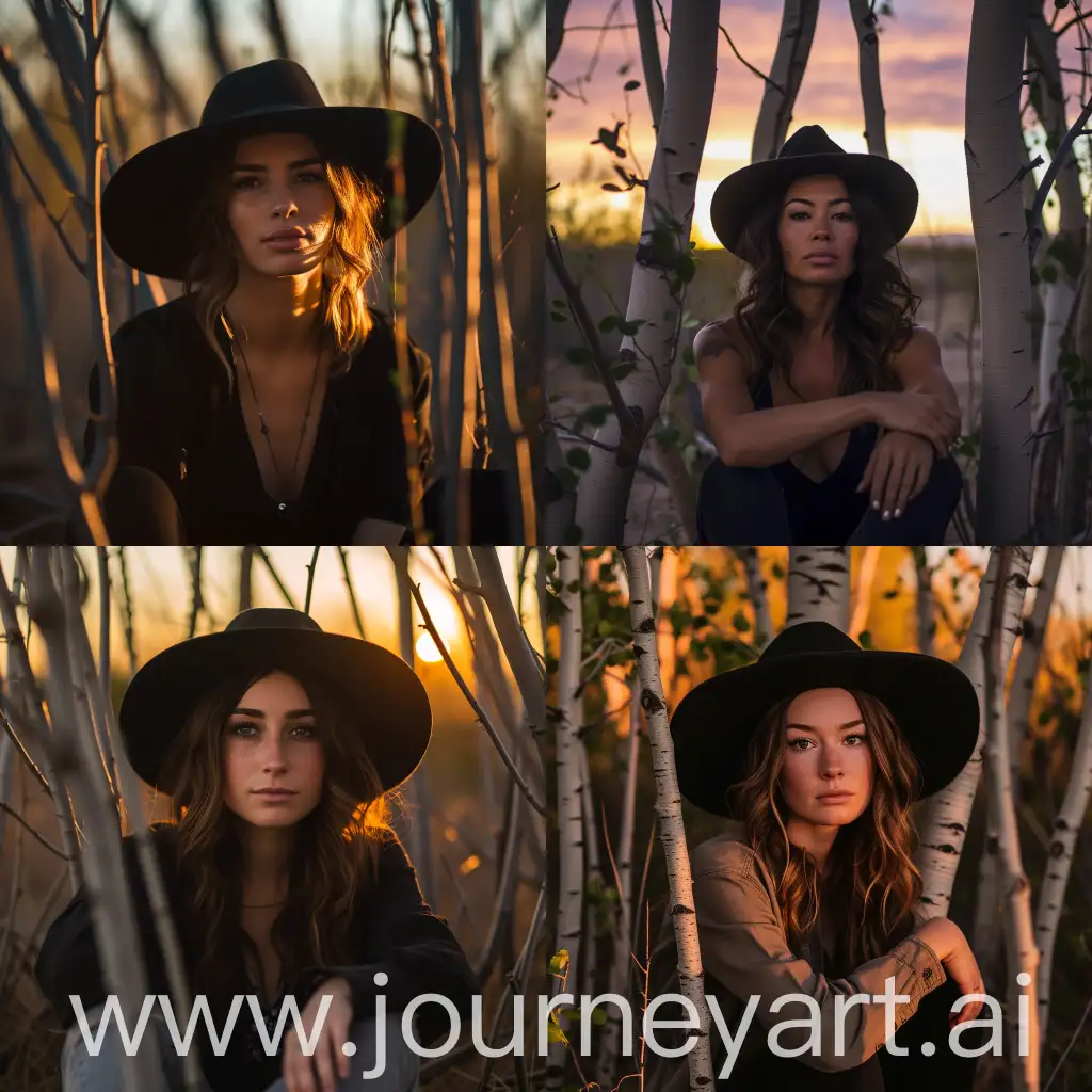 In the tranquil embrace of nature, a woman finds solitude among saplings, half her height, under the glow of a setting sun. She sits, her posture a blend of elegance and ease, wearing a black wide-brimmed hat. As the sun dips lower, it casts a warm, golden light that gently lifts the shadow from her face, revealing her serene expression and the subtle smile playing on her lips. Her eyes, reflecting the myriad colors of the sunset, convey a sense of peace and introspection. This moment, captured in the vibrant hues of dusk, showcases a harmonious connection between the woman and the natural world around her. Make picture flat style