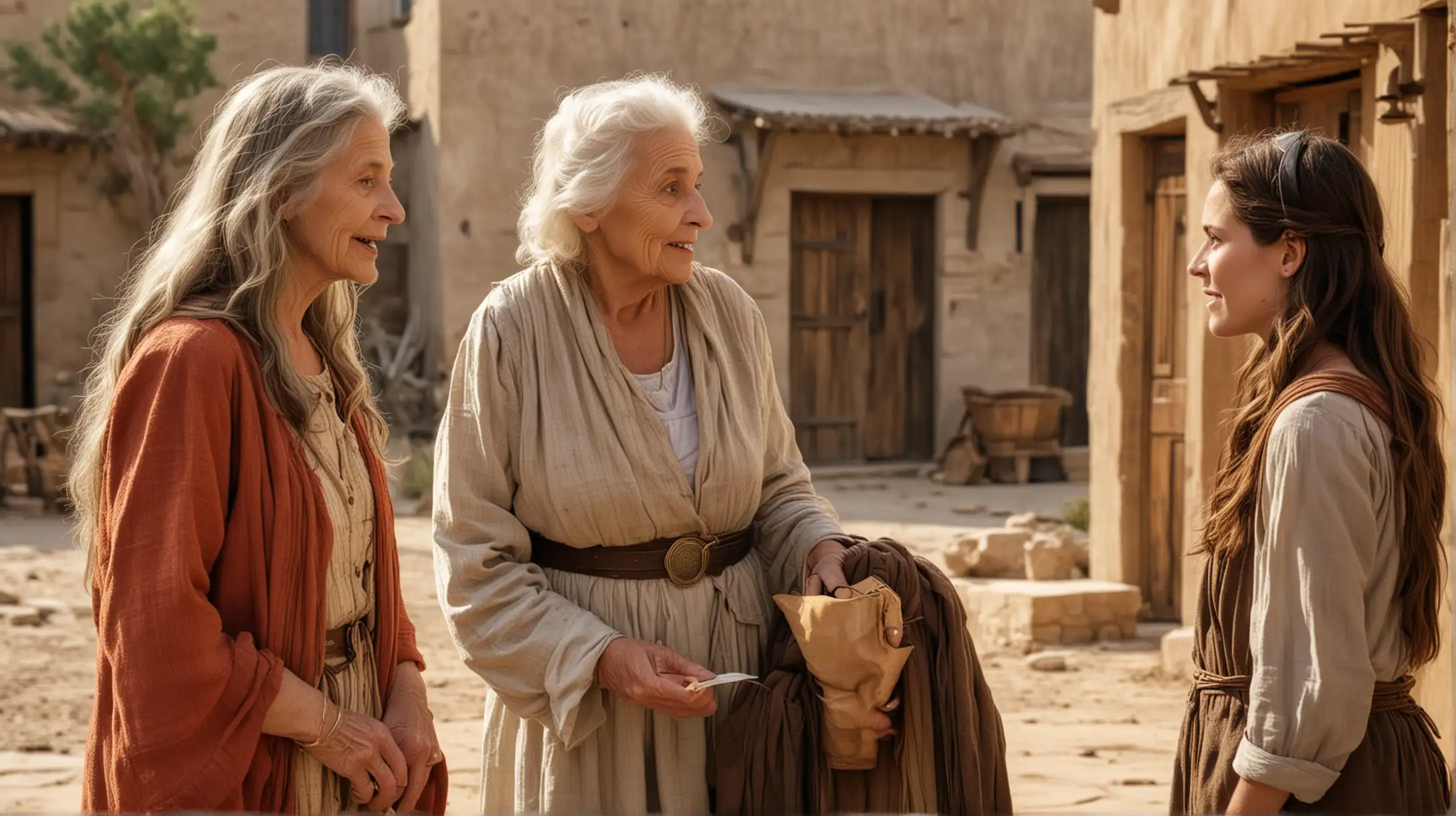 Elderly Woman Conversing with Two Elegant Young Women in Ancient Desert Town