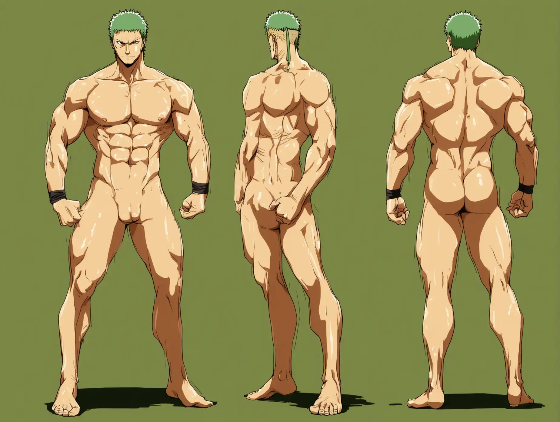 Roronoa Zoro, all nude, full body, hunk, a firm muscle