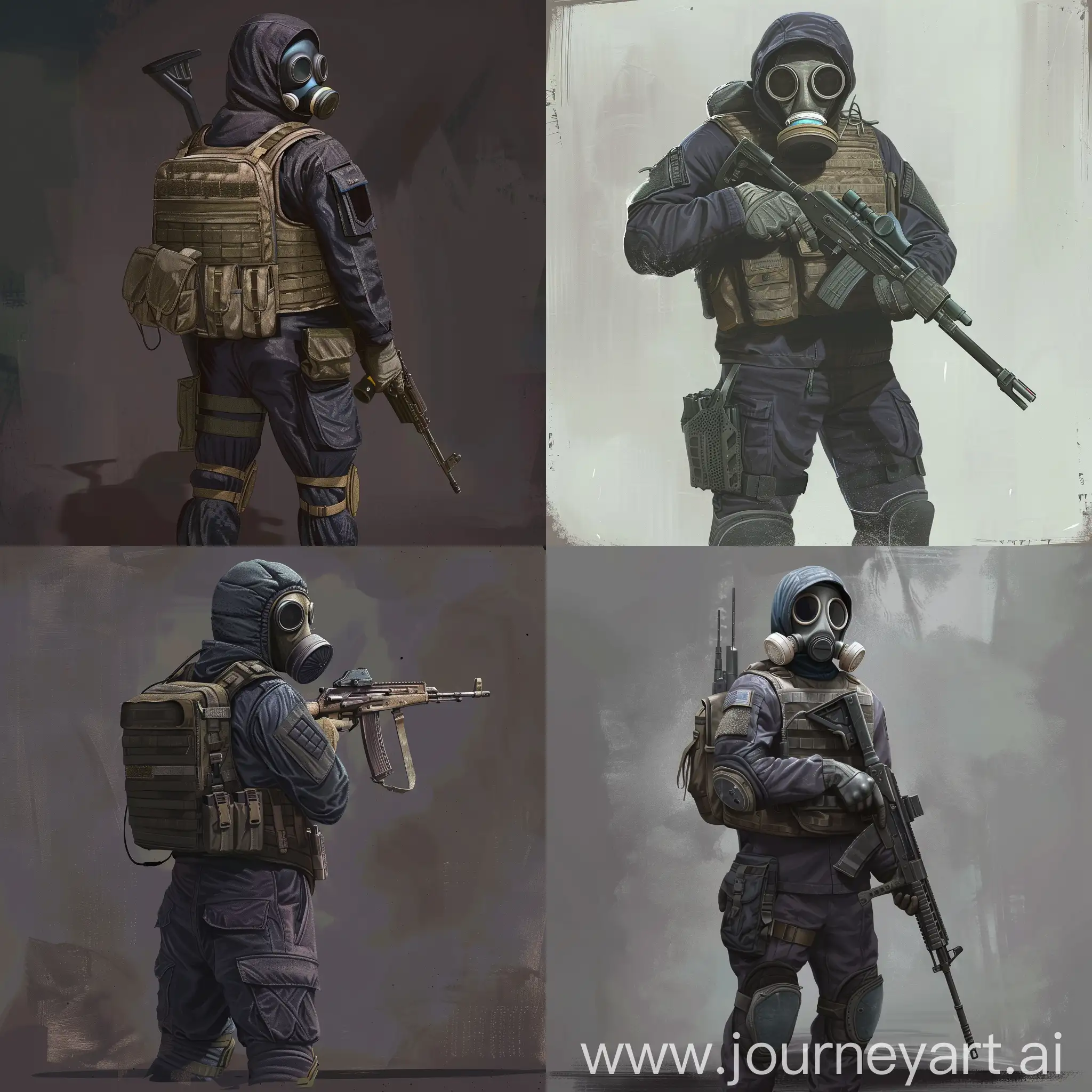 Concept art character design, 1978 year SAS operator, dark purple military jumpsuit, gasmask on his face, small military backpack, military unloading on his body, sniper rifle in his hands.