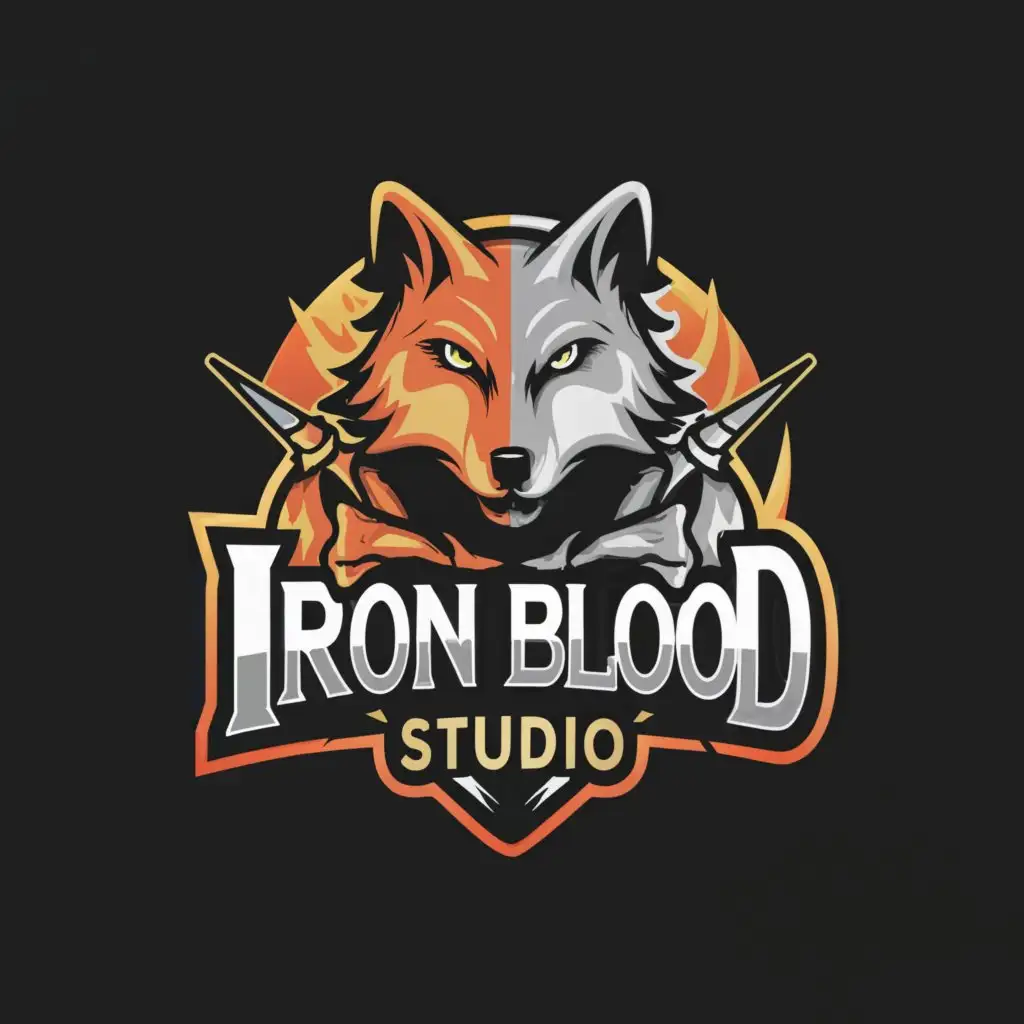 a logo design,with the text "Iron Blood Studio", main symbol:Wolf and kitsune with airbrush and paintbrushes,Moderate,be used in Others industry,clear background