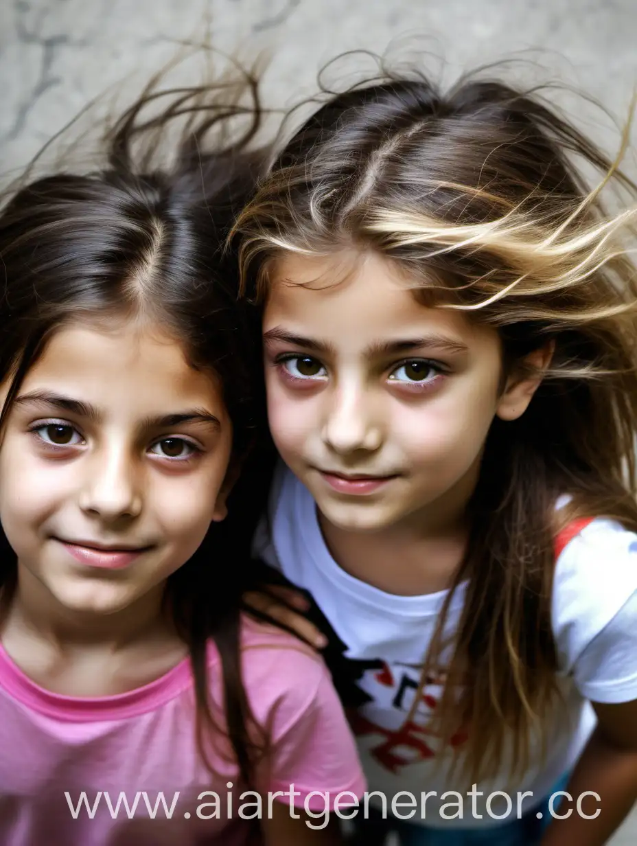 Two most beatiful 10 years old girls. They are lebanon, cute, petite. Close-up. Bird's eye view. They have messy hair. The girls are so beautiful, cute. Top view, face to face