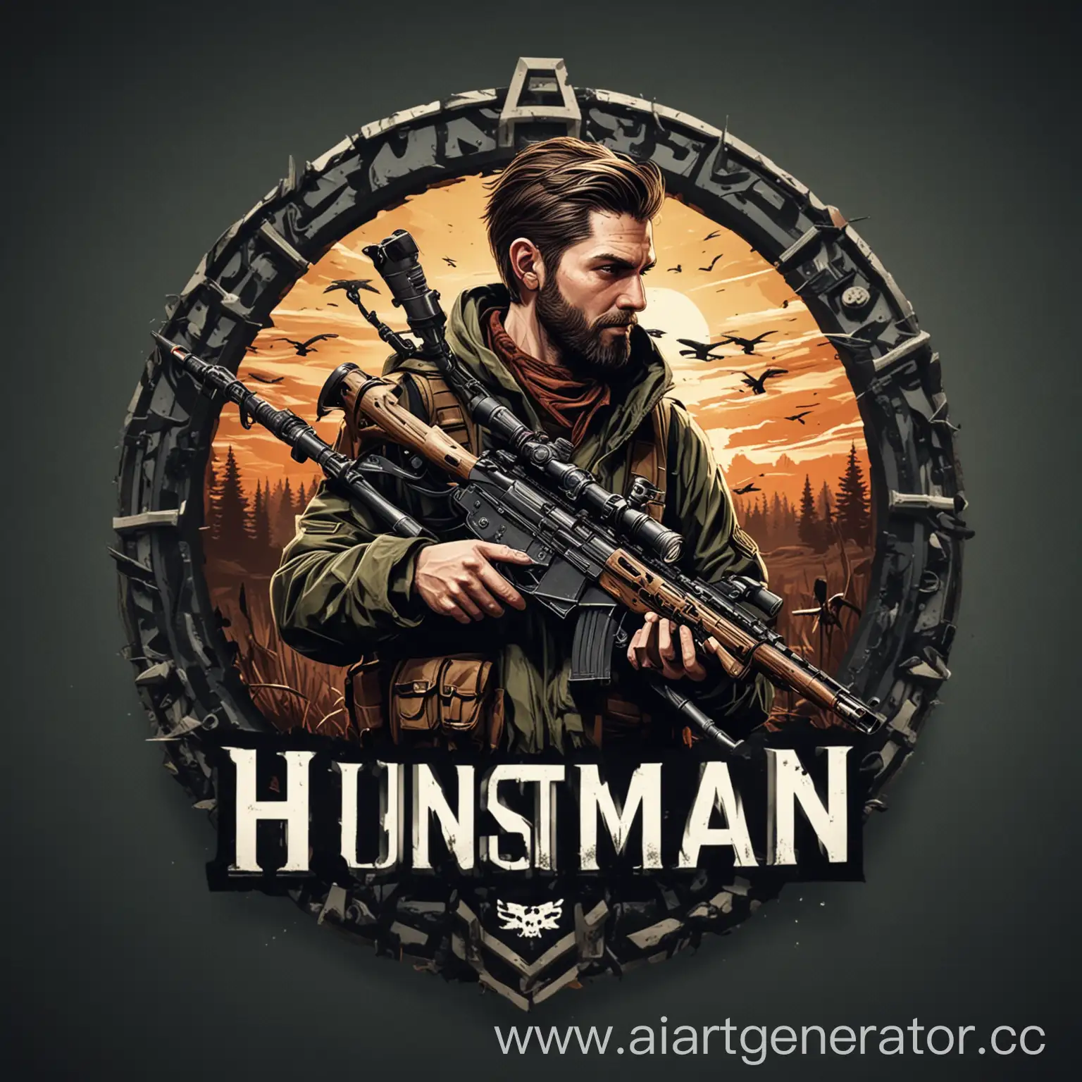 Let inside the modern logo for a gaming club called Huntsman be an image of a person holding a sniper in the background