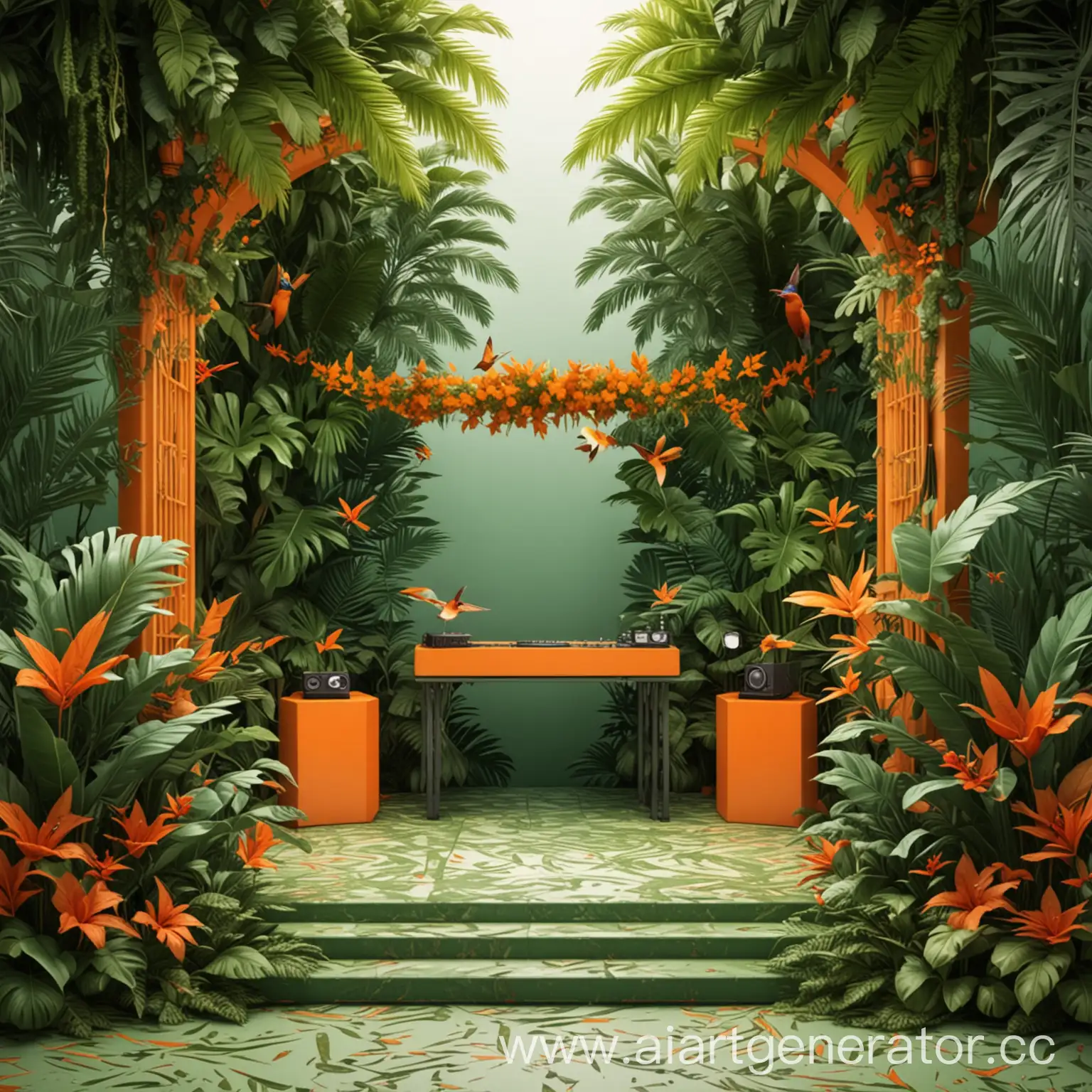 веранда с диджей пультом, вокруг тропические листья, посередине птичка колибри, 3D, минимализм, оранжевый и зеленый цвета