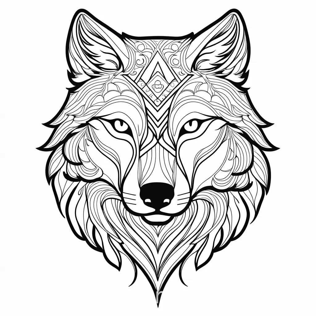 wolf tattoo design, Coloring Page, black and white, line art, white background, Simplicity, Ample White Space. The background of the coloring page is plain white to make it easy for young children to color within the lines. The outlines of all the subjects are easy to distinguish, making it simple for kids to color without too much difficulty