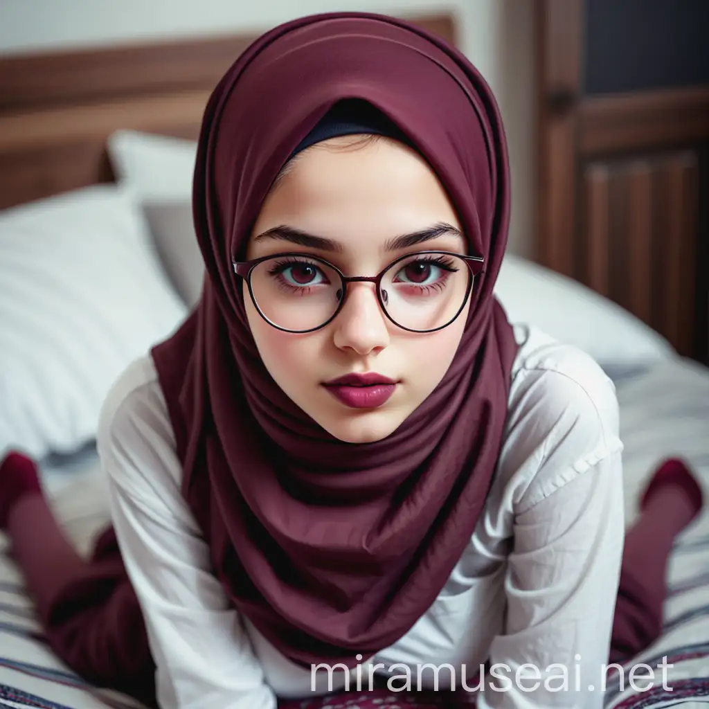 A most beautiful teenage girl.  17 years old. She wears a hijab, skinny shirt, She is beautiful. She sits on the bed. petite, plump lips.  Elegant, pretty, burgundy lips, soft eyes, bony face, top view, glasses. Cowboy shot