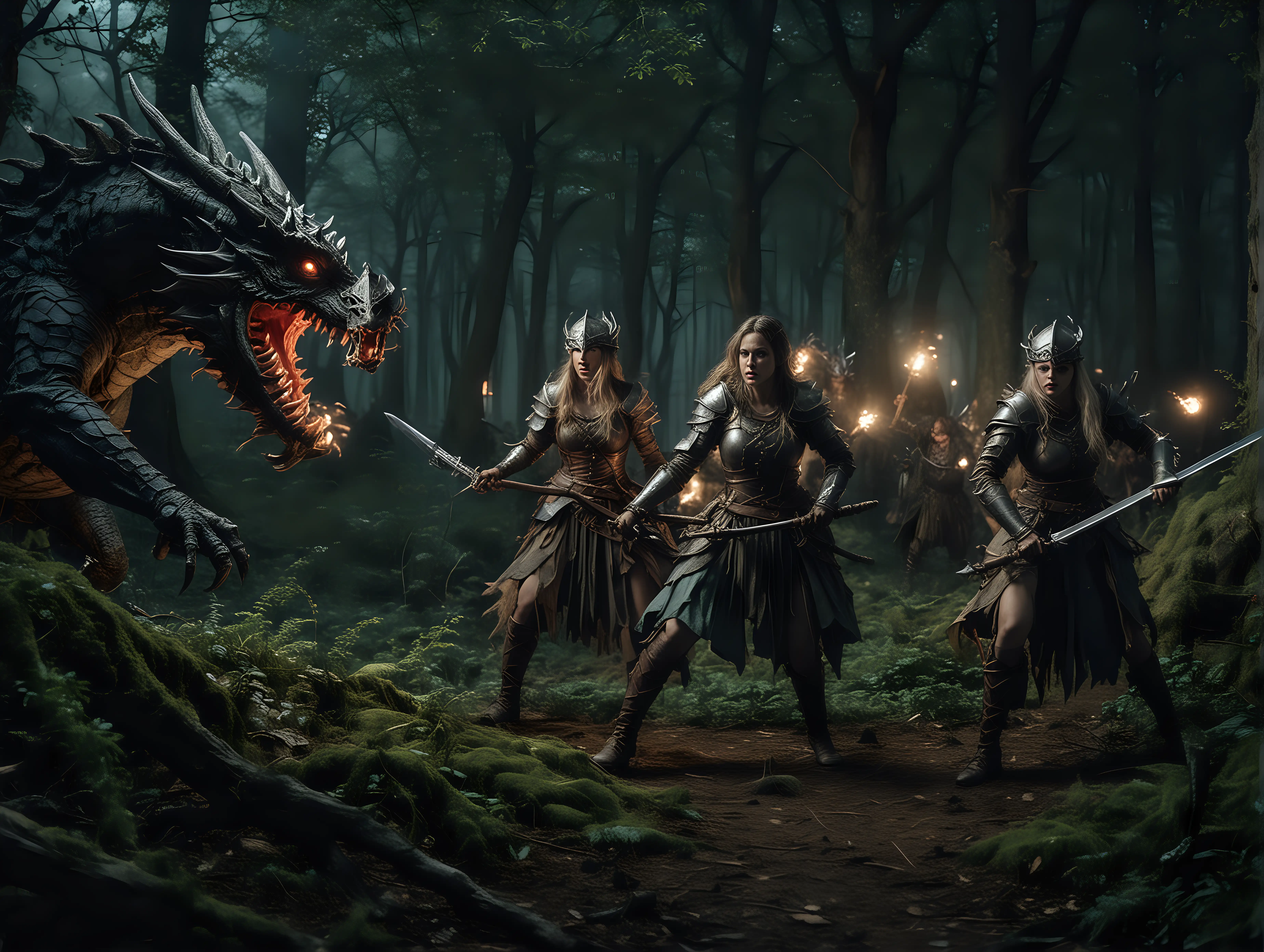 Medieval female warriors fighting trolls and dragons in an enchanted forest at night