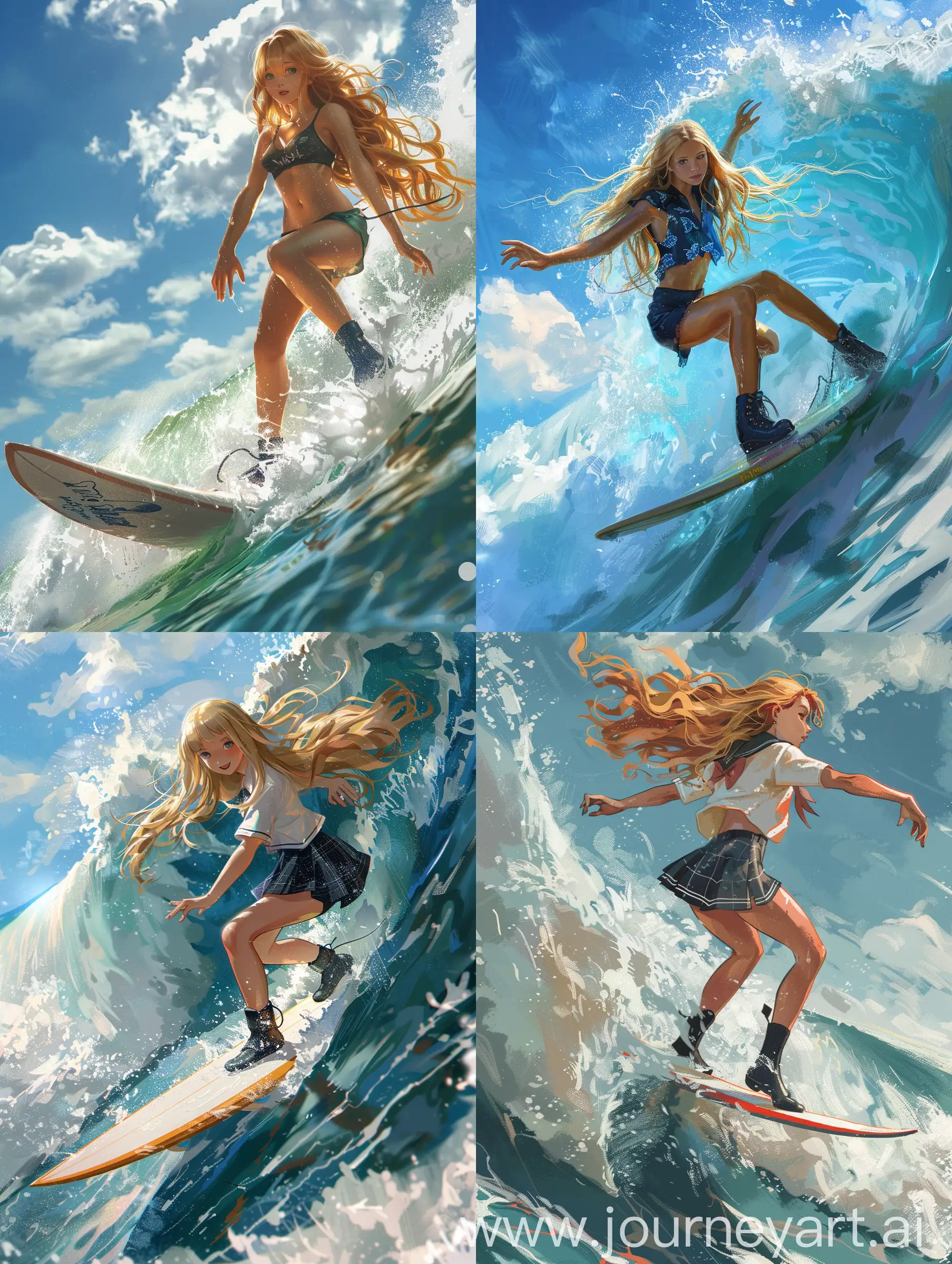 1  girl,   young , 22 years old,  surfing, at sea, on a surfboard, blonde long hair, , thick legs, school uniform, black long boots, waves, sunny day, no illustration, real person, natural

