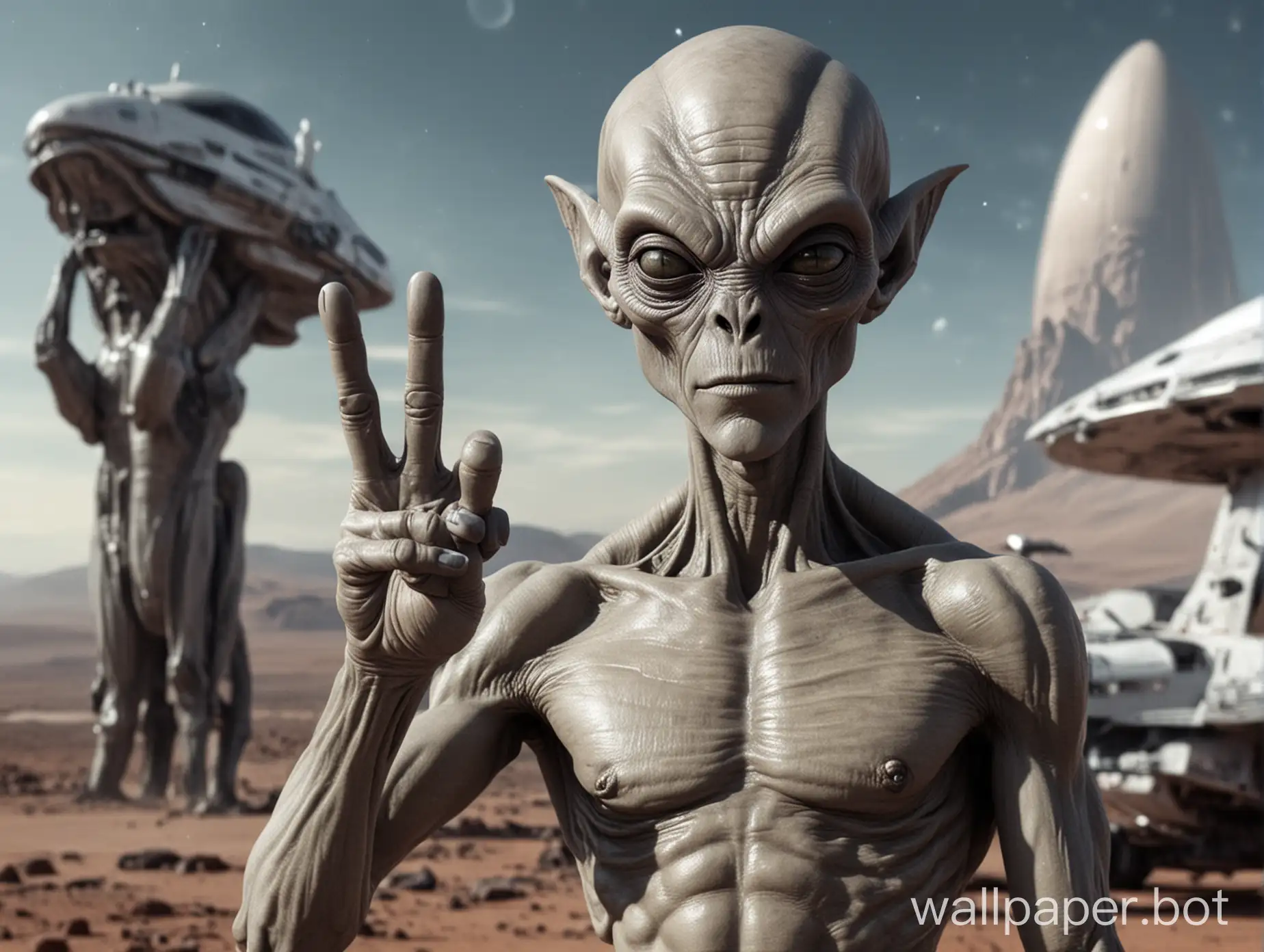 gray alien shows middle finger. full size. spaceship in the background
