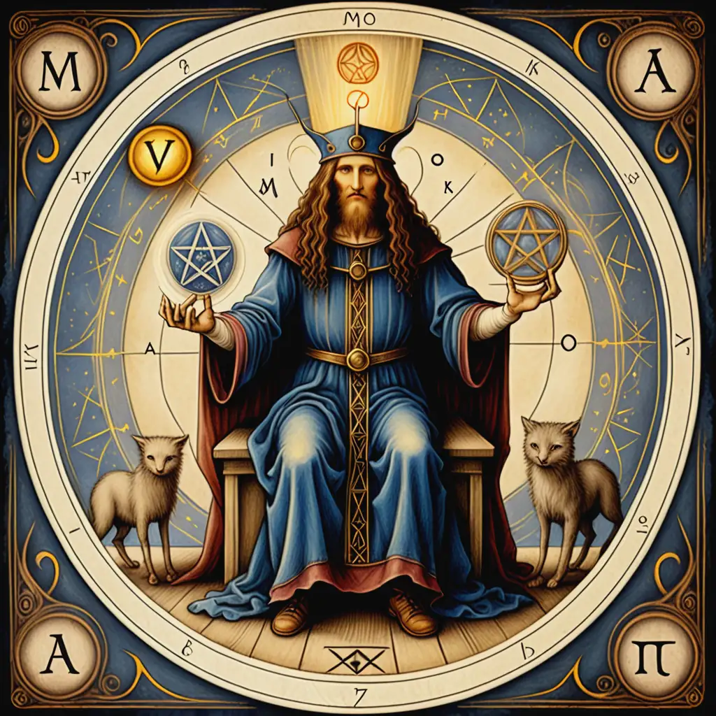 Tarot with all the original rider deck mystical symbols detailed painting in Leonardo da Vinci style  - The magician