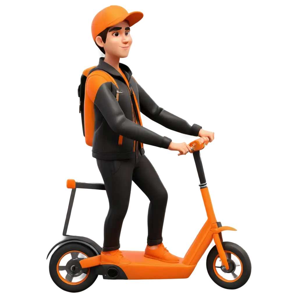 Cartoon-Online-Food-Delivery-Motorcycle-Driver-in-Black-Jacket-with-Orange-Accents-on-Automatic-Scooter-PNG