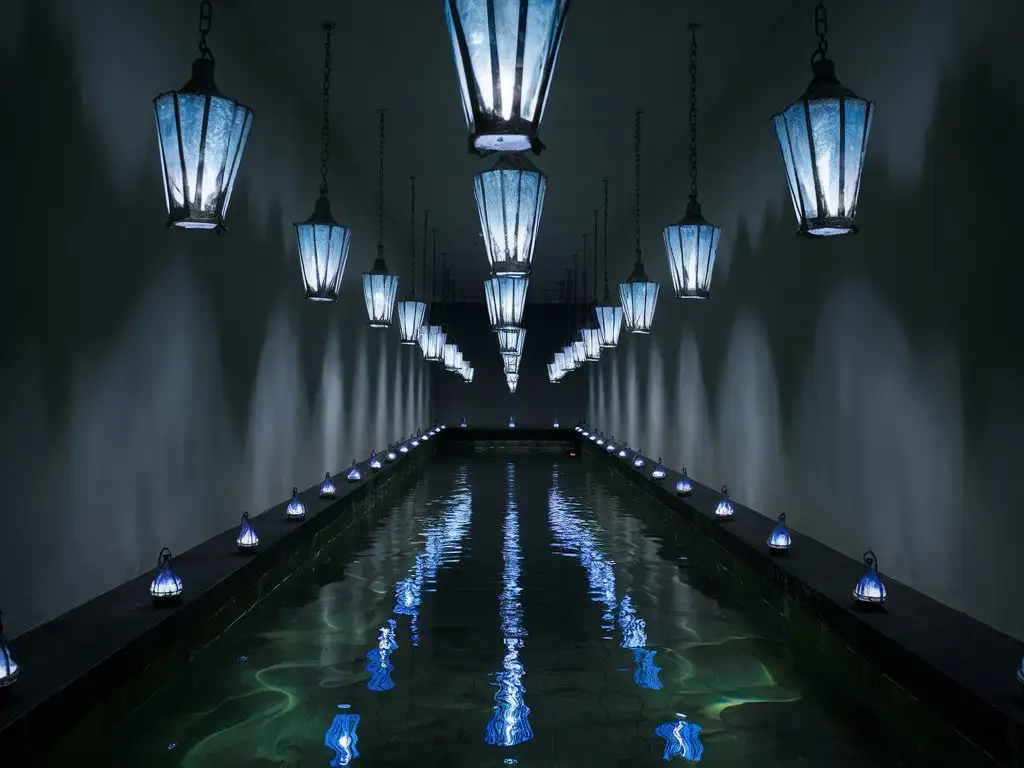 Eerie Hallway with Lanterns and Flickering Blue Flames Reflecting on Dark Water