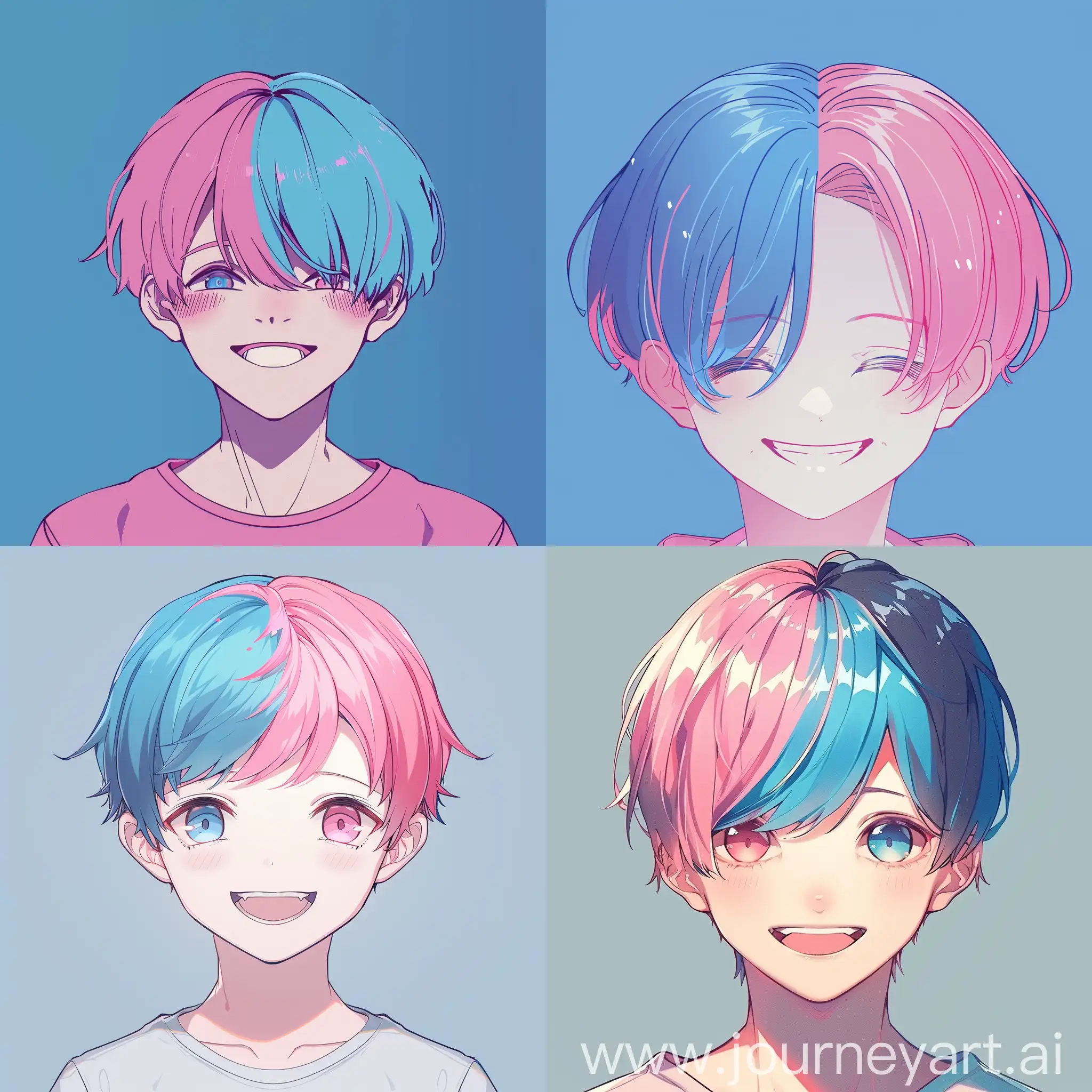 create an image of an anime style boy with a smile on his face, his hair is parted in the middle in two colors, blue and pink
