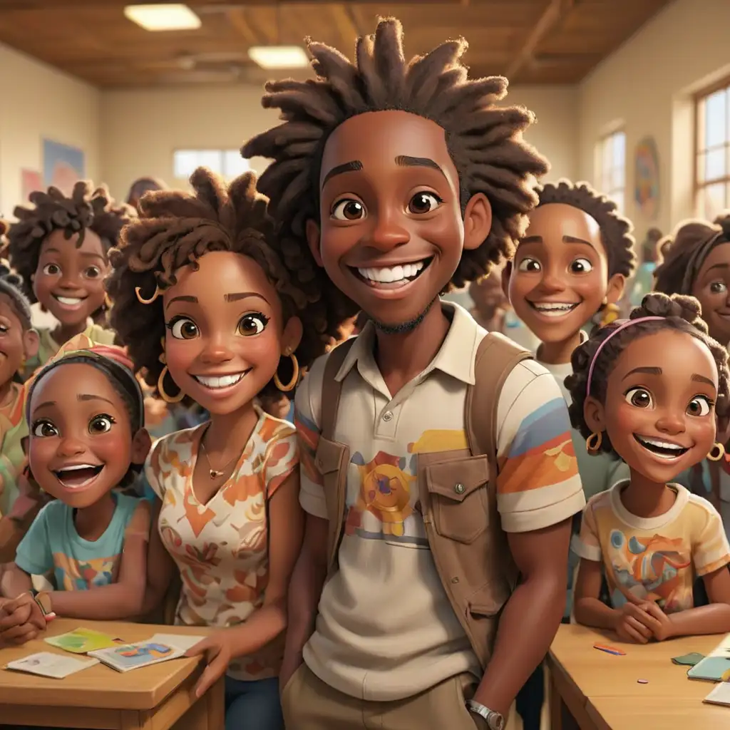 defined 3 D cartoon style colorful african americans at the community center smiling in New Mexico