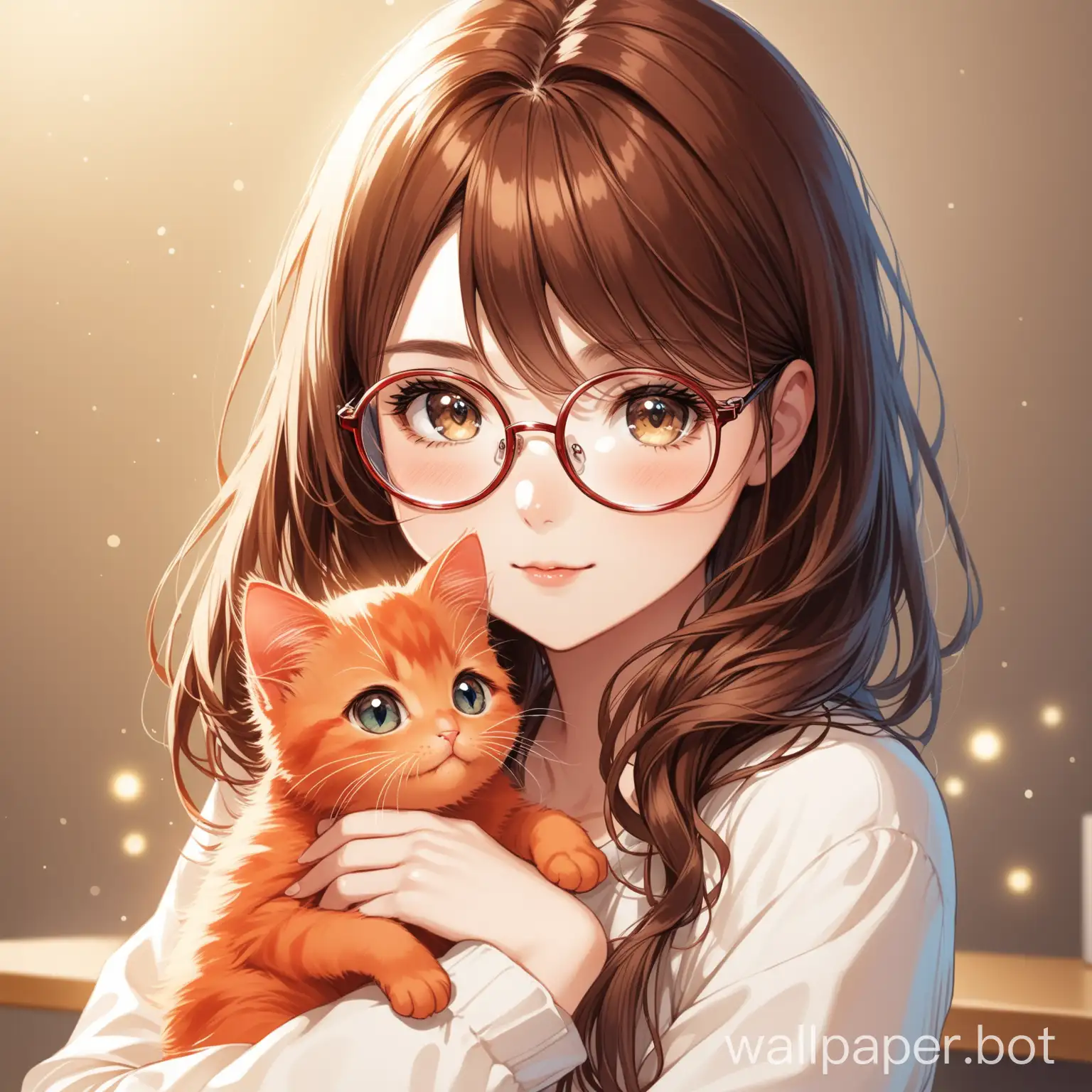 a girl with brown hair and glasses and a red kitten