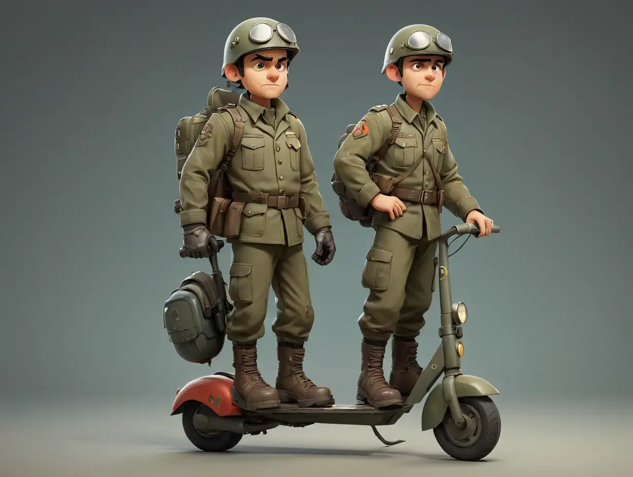 Cartoon-Military-Officer-Riding-Scooter-in-Grimy-Clothes-and-Helmet