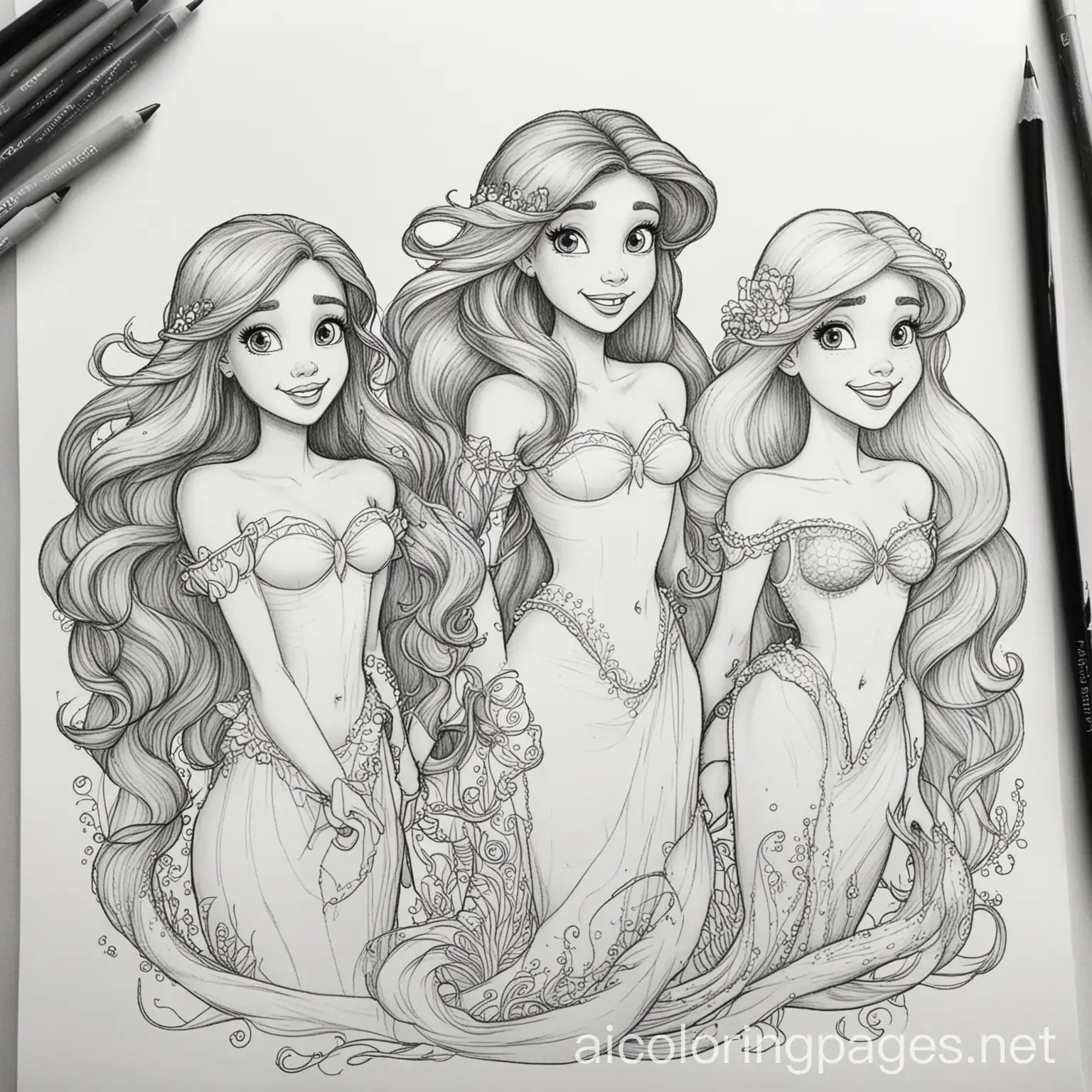Ariel, the little mermaid, and her sisters, Coloring Page, black and white, line art, white background, Simplicity, Ample White Space. The background of the coloring page is plain white to make it easy for young children to color within the lines. The outlines of all the subjects are easy to distinguish, making it simple for kids to color without too much difficulty