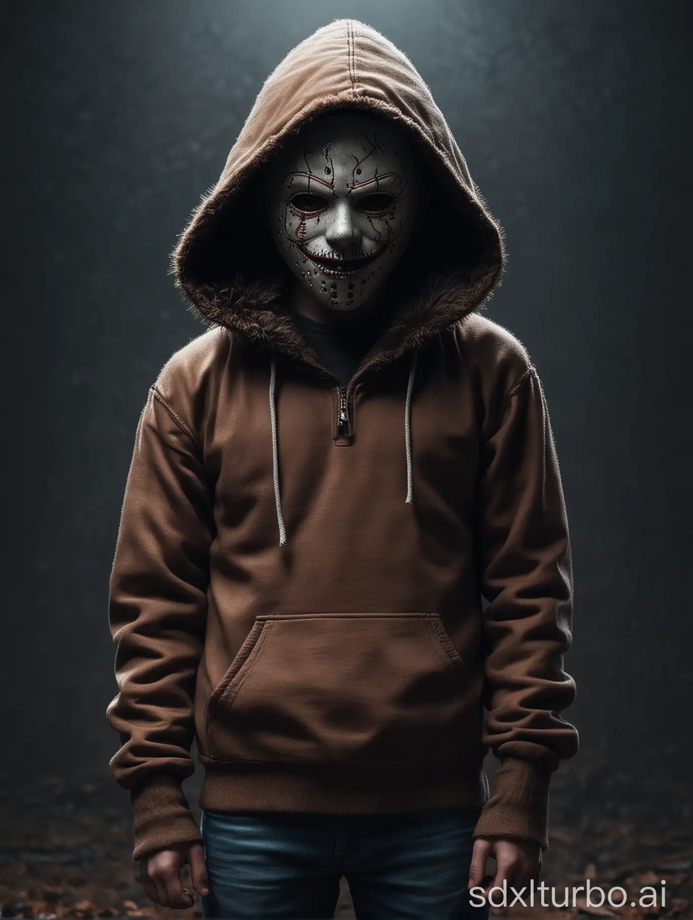 eleven, fur-lined hoodie, stranger things, full body, ultra HD detailed, professional photography, assassin-snood-mouth-mask, horror. Caption in hollow-bold style: 'Hell is also just another Kingdom' below: 'By Byakuran'