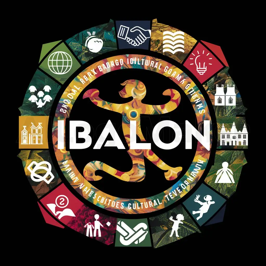 a logo design,with the text "Ibalon", main symbol:Generate a logo image for IBALON, a Bicol-based organization promoting intercultural learning, opportunities, and networking. The logo should feature stylized representations of Baltog, Handiong, and Bantong, iconic figures from the IBALON epic, embodying bravery and cultural heritage. Surrounding the central figures, incorporate symbols representing relevant UN Sustainable Development Goals, such as a globe for education, a handshake for social sciences, a lightbulb for technology, a historic building for heritage, linked hands for communication, and children playing for migrant children. The text 'IBALON' should be bold and distinct, symbolizing unity and commitment to sustainable development. Use vibrant colors inspired by Bicol's natural beauty—greens, blues, reds, and golds—to evoke vitality and richness. The composition should be visually striking, conveying IBALON's mission to foster education, cultural preservation, and community development in the region and beyond. The logo image will serve as a powerful emblem of IBALON's values and aspirations, resonating with stakeholders and audiences alike.,Moderate,be used in Others industry,clear background