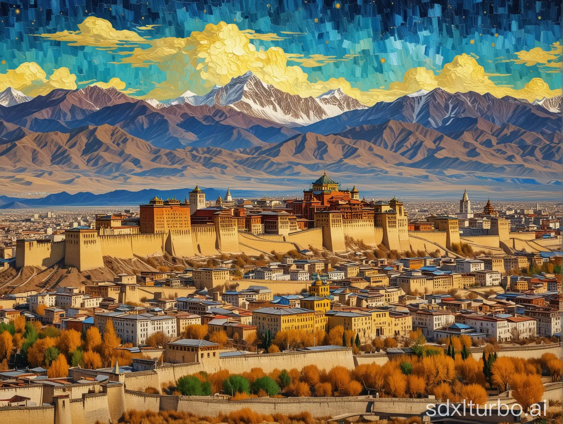 Lhasa-Skyline-in-Van-Gogh-Style
