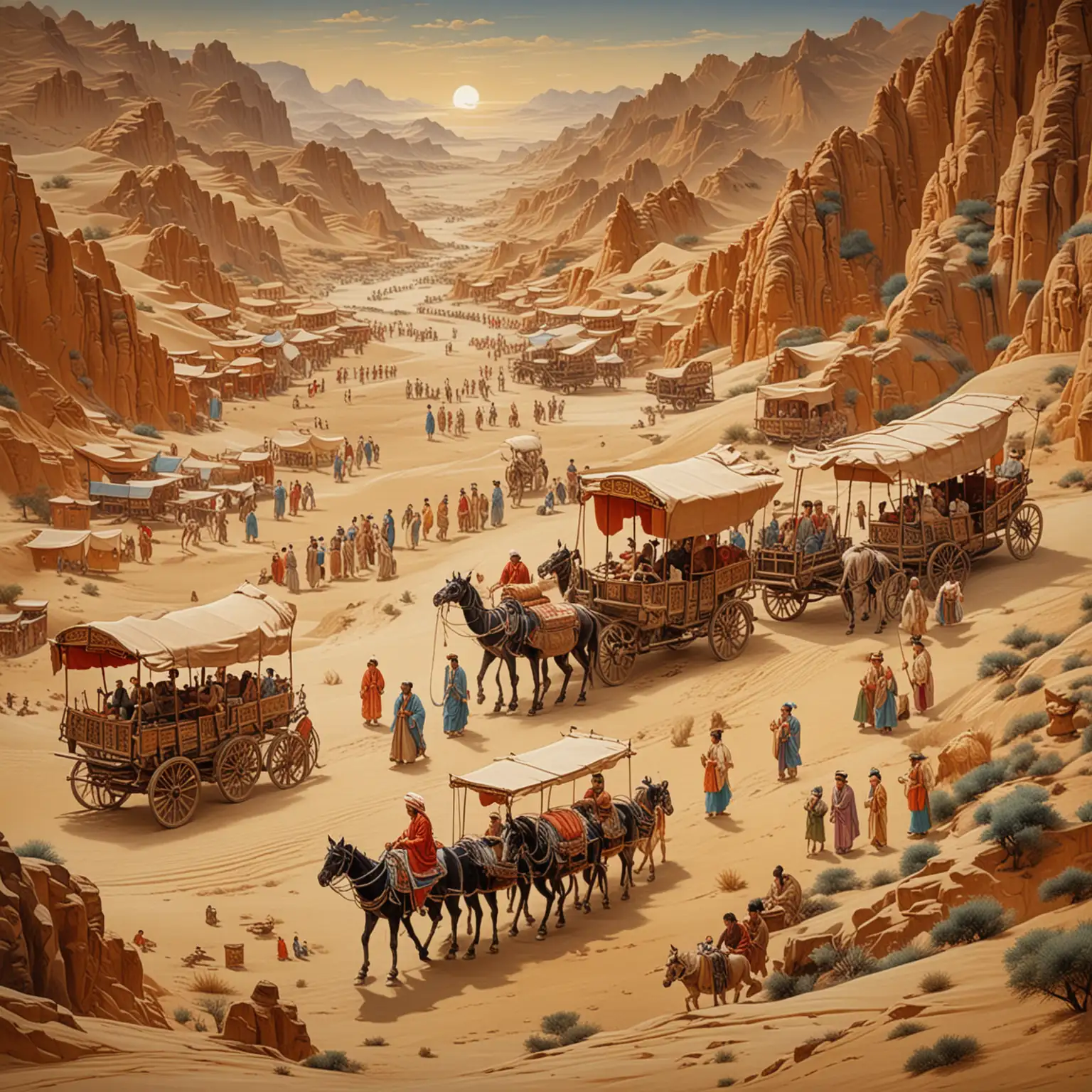 Silk-Road-Oasis-Market-at-Sunset-Traditional-Merchants-and-Golden-Sand-Dunes