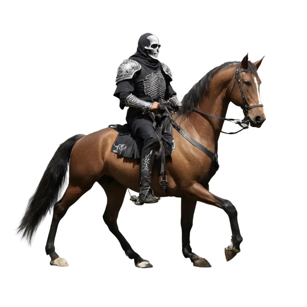 pale horseman riding a horse skelton with midevil armor