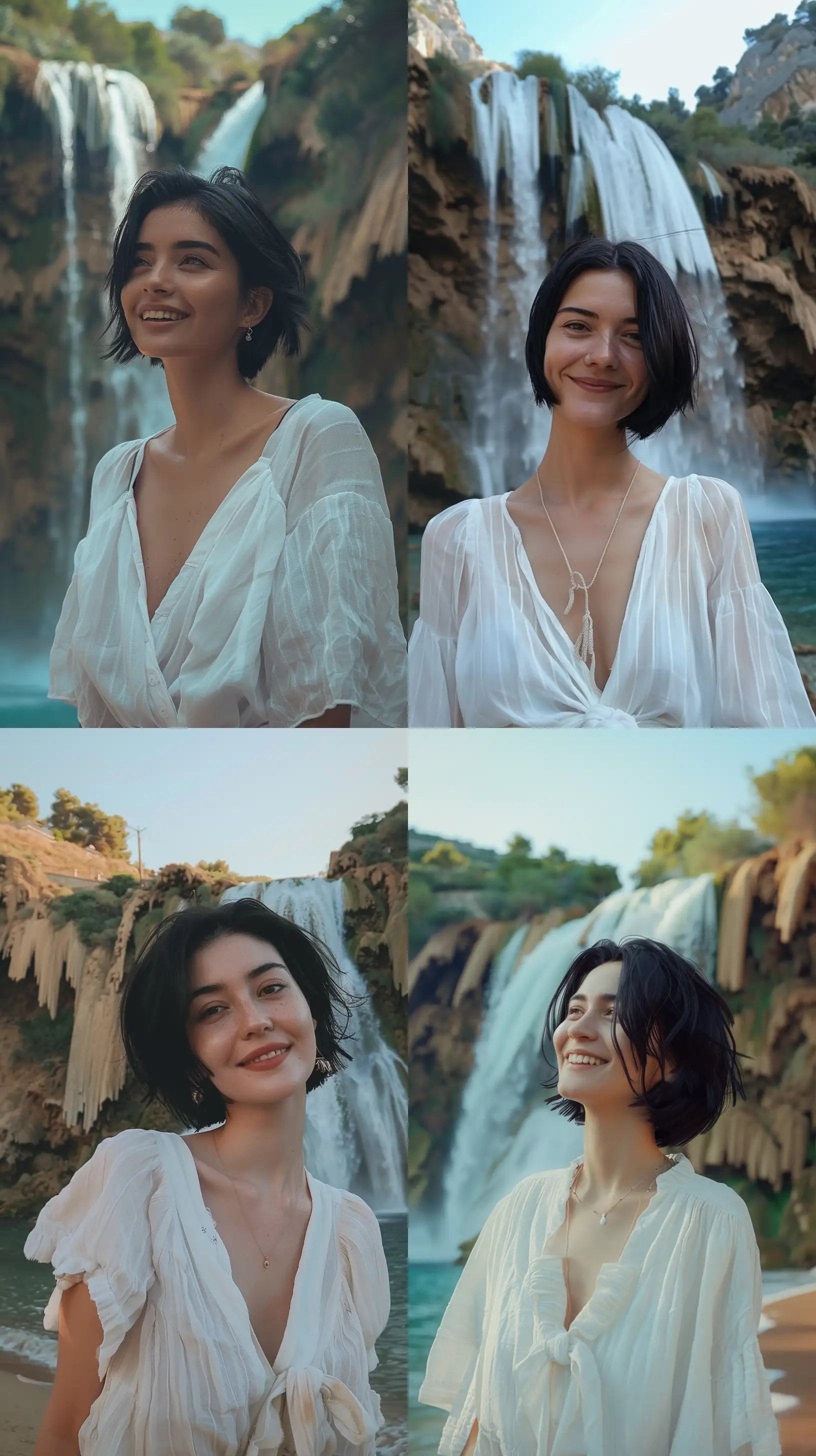 A happy woman with short black hair, wearing a comfortable white summer blouse, standing in front of a waterfall in Antalya. Realistic picture with Full HD 4K quality,, Realism, Aerial perspective, Coastal Beach, Film Camera, Hope, --ar 9:16