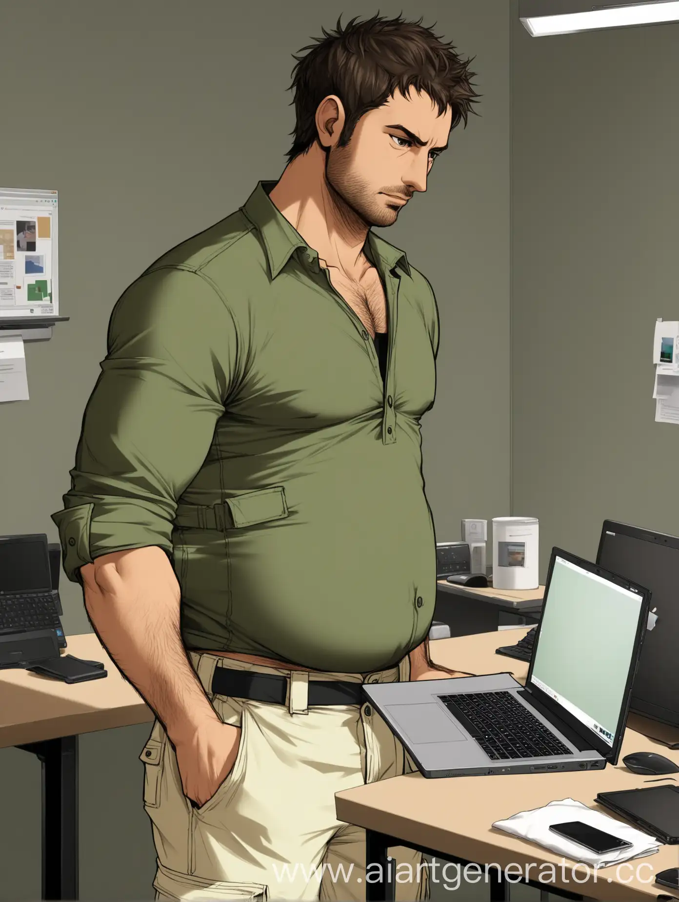 A man of strong build with a small belly, stands at a computer table with a laptop on it. He is wearing cream cargo pants, a black T-shirt over which he is wearing a green unbuttoned shirt with rolled-up sleeves. hair on his arms, stubble on his face. the brunette. the length of the hair is just below the ears