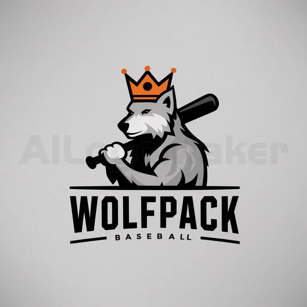 a logo design,with the text "WOLFPACK", main symbol:Orange & black king crown on a gray wolf holding a baseball bat,Minimalistic,clear background