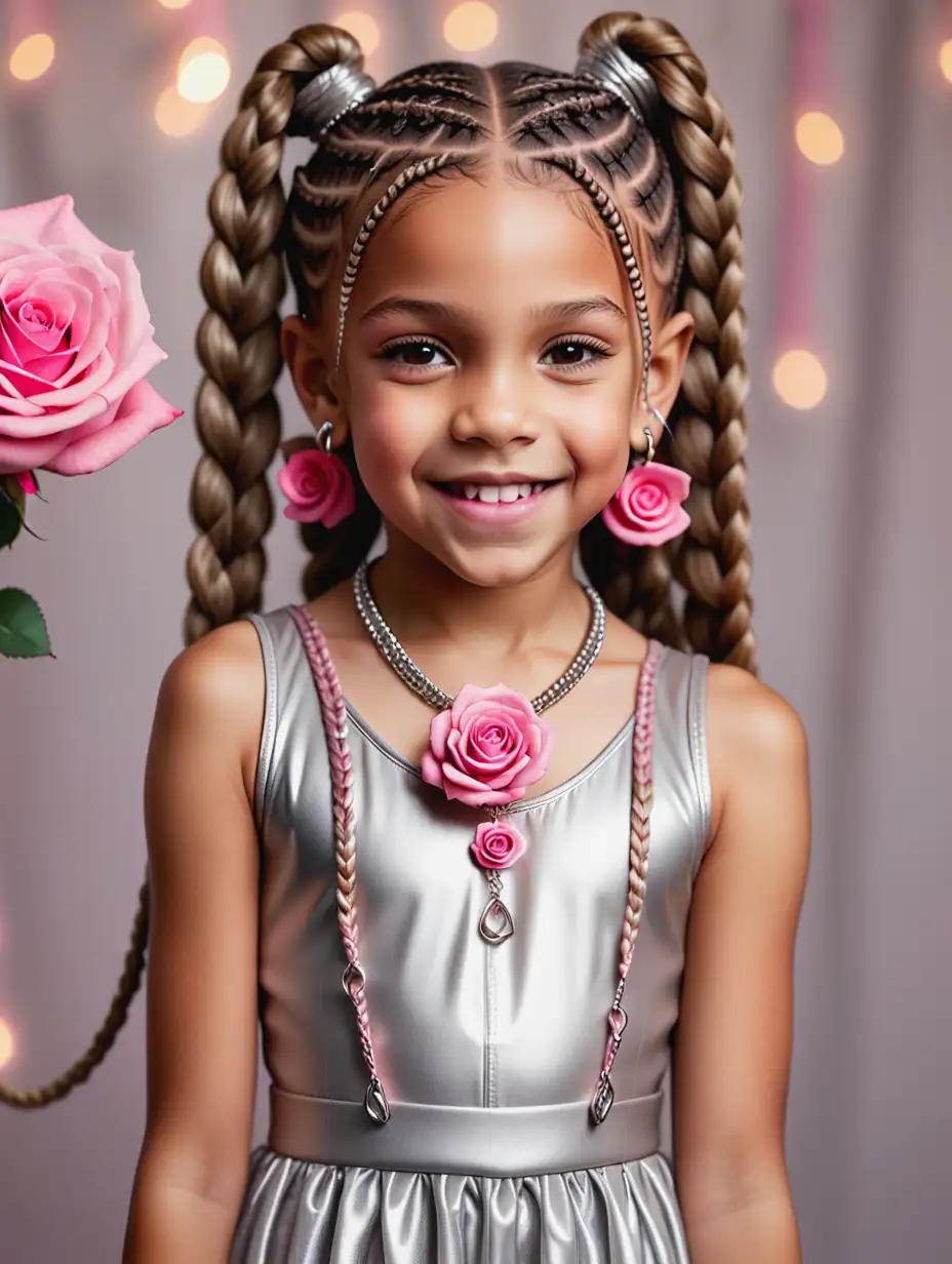an optimistic buatiful brown light skin 9 year old girl with a silver dress on with boxbraids with hair rings  and also has rose shaped pink earrings on her ears and a rose neclace
