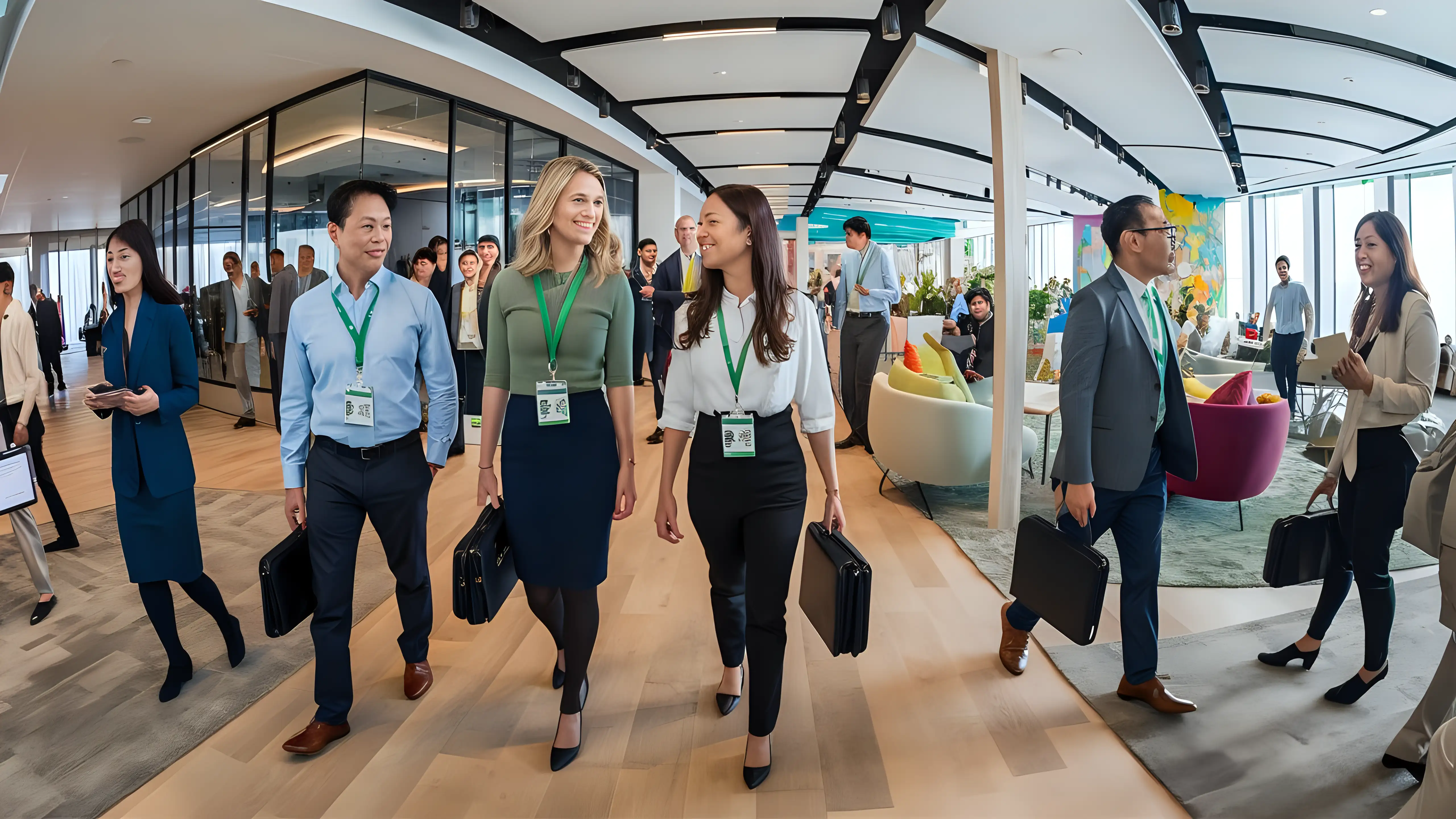 spacious corporate office  some people walking around staff wearing green lanyard


