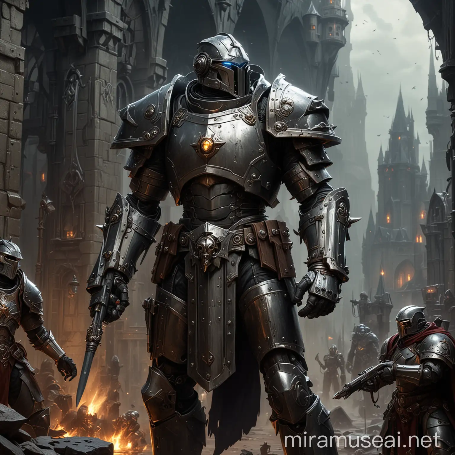 Dark Fantasy Warforged Android with Warhammer and Tower Shield