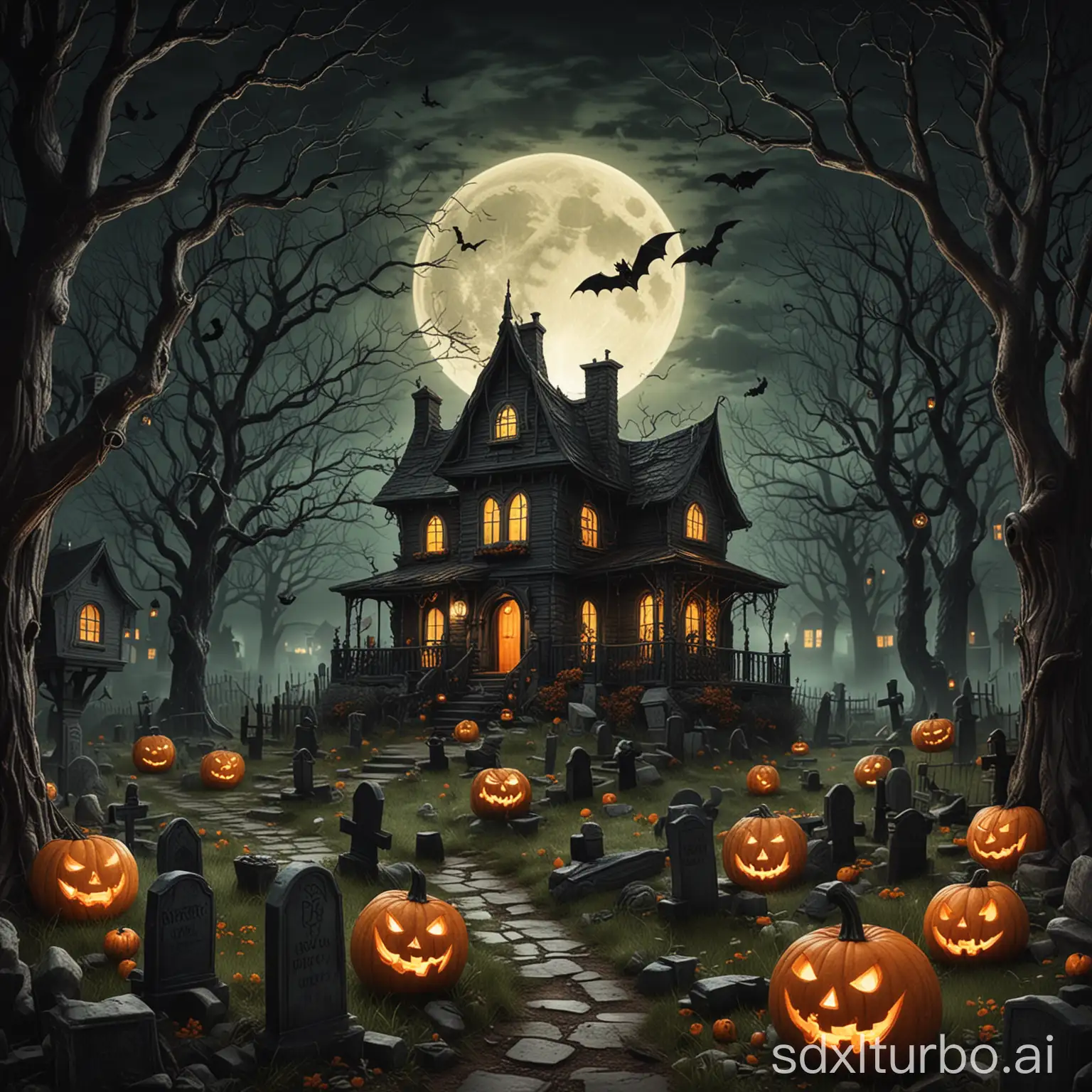 Create an illustration of a spooky Halloween night scene. Include a haunted house with glowing windows, surrounded by twisted trees and a full moon casting an eerie glow. Add classic Halloween elements such as bats flying in the sky, carved pumpkins with creepy faces, and ghosts peeking out from behind gravestones. Incorporate details like a black cat with arched back, spiders hanging from webs, and a witch on a broomstick flying across the moon. Use a dark, moody color palette with pops of bright orange and green to enhance the eerie atmosphere.