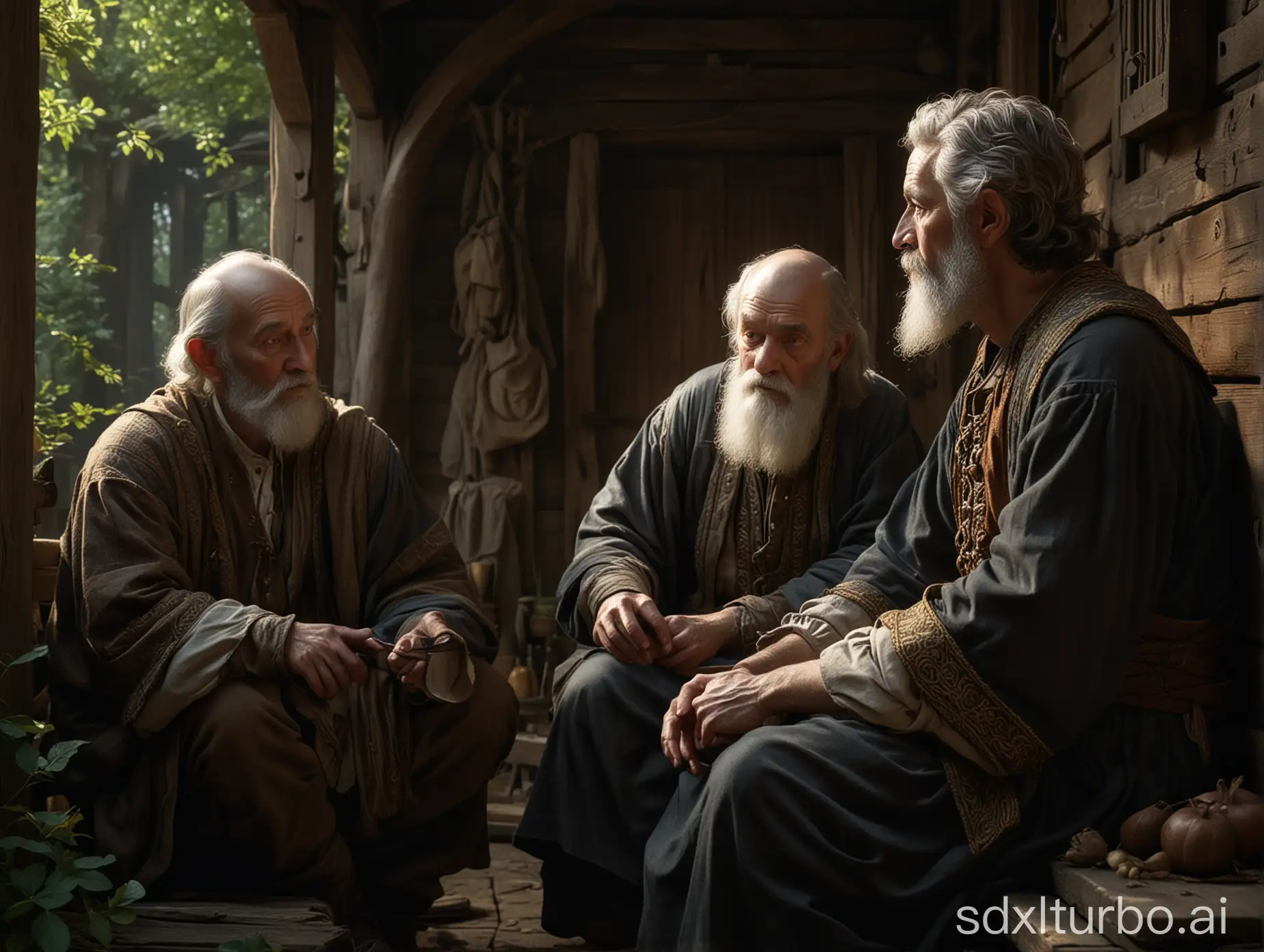 In a forest thicket, against the background of a wooden house, an old man with a gray beard in medieval clothes sits and talks with two boys of about fourteen, dark-haired one and russet-haired one with shoulder-length hair, in medieval rich clothes, perfect composition, beautiful detailed intricate insanely detailed octane render trending on artstation, 8 k, photorealistic, ultra realistic, soft natural volumetric cinematic perfect light, chiaroscuro, masterpiece, caravaggio, greg rutkowski