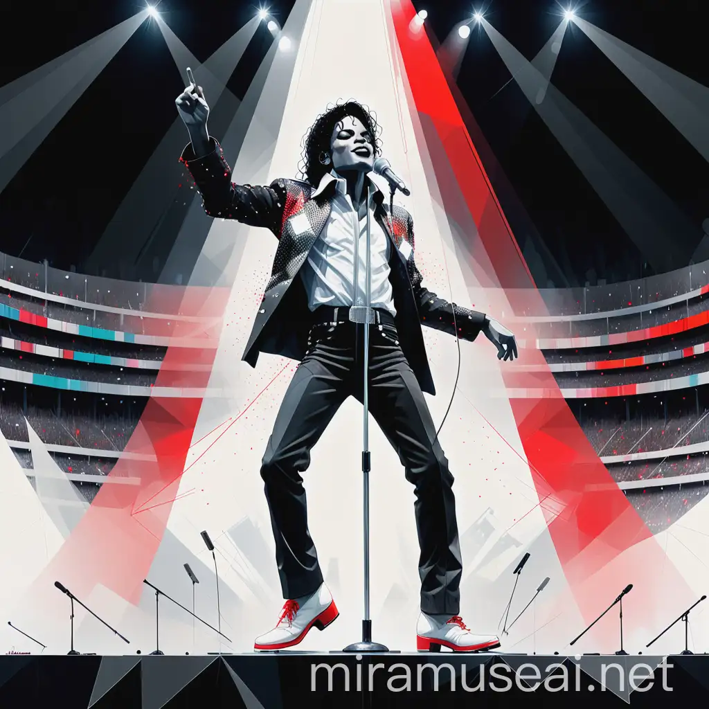 Prompt No: 4

"Michael Jackson singing at a standing microphone on a super-wide stage in a really big arena, by conrad roset, greg rutkowski, makoto shinkai, low poly, abstract, style of black and white drawing with red pops of color"
