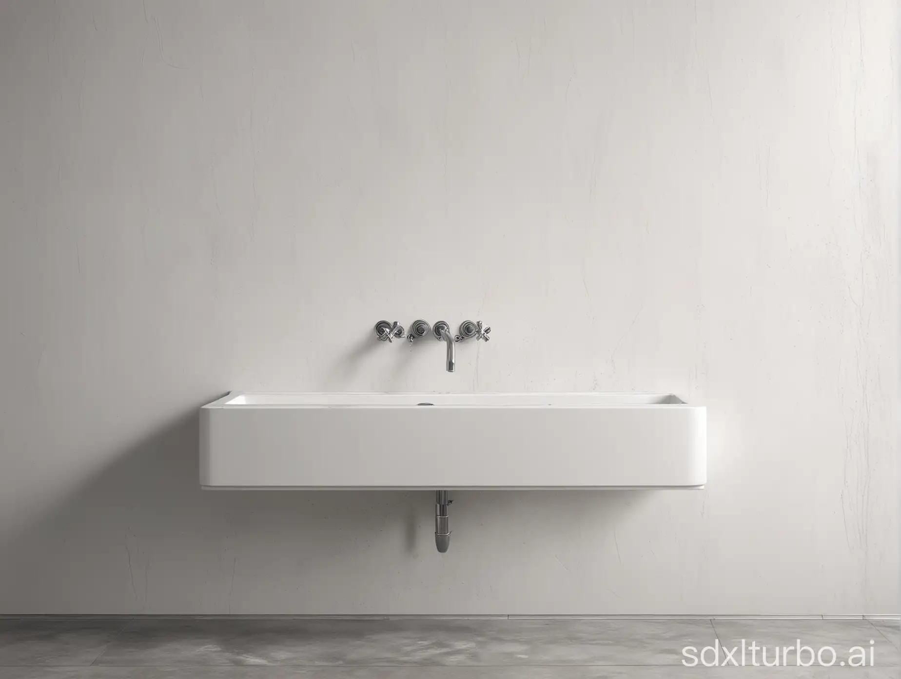 single sink on a large blank white wall. water is running.